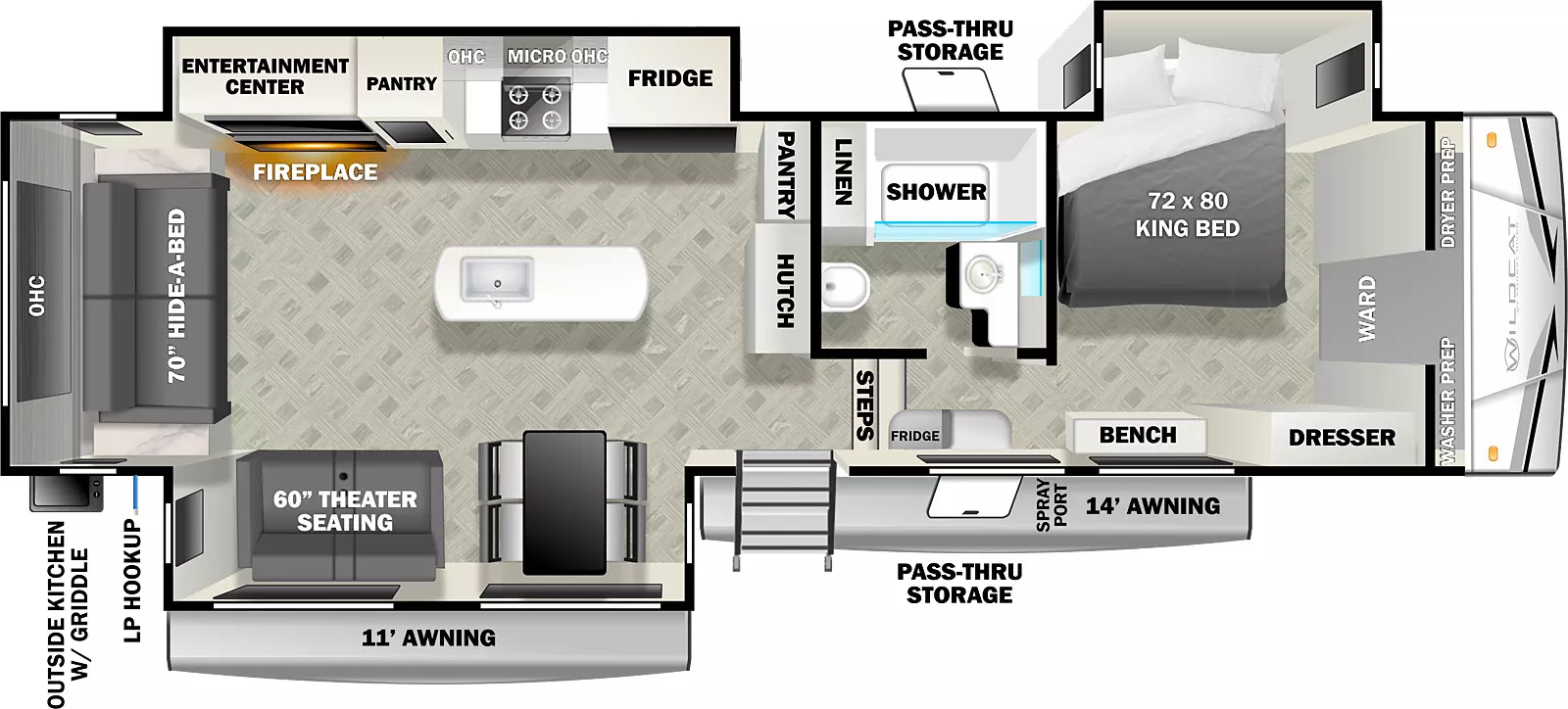 The 333RLBS has three slideouts and one entry. Exterior features mid pass through storage, spray port, 14 foot awning and 11 foot awning, LP hookup, and outside kitchen with griddle. Interior layout front to back: front wardrobe with washer and dryer prep, off-door side king bed slideout, and door side dresser and bench; off-door side full bathroom with linen closet; two steps down to main living area and entry; pantry and hutch along inner wall; kitchen island with sink; off-door side slideout with refrigerator, kitchen counter with cooktop, overhead cabinets, microwave, pantry, and entertainment center with fireplace below; door side slideout with table and chairs, and theater seating; rear hide-a-bed sofa with overhead cabinet.
