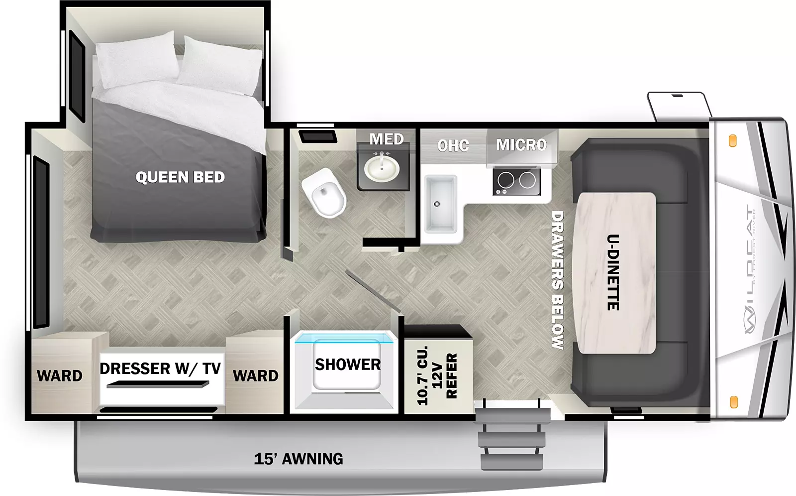 The 169QBX has one slideout and one entry. Exterior features a 15 foot awning. Interior layout front to back: u-dinette with drawers below; door side entry and 12V refrigerator; off-door side kitchen counter with cook top, microwave and overhead wraps to inner wall with sink; pass through full bathroom with toilet and sink with medicine cabinet on off-door side, and shower on door side; rear off-door side queen bed slideout; rear door side dresser with TV and wardrobes on each side.