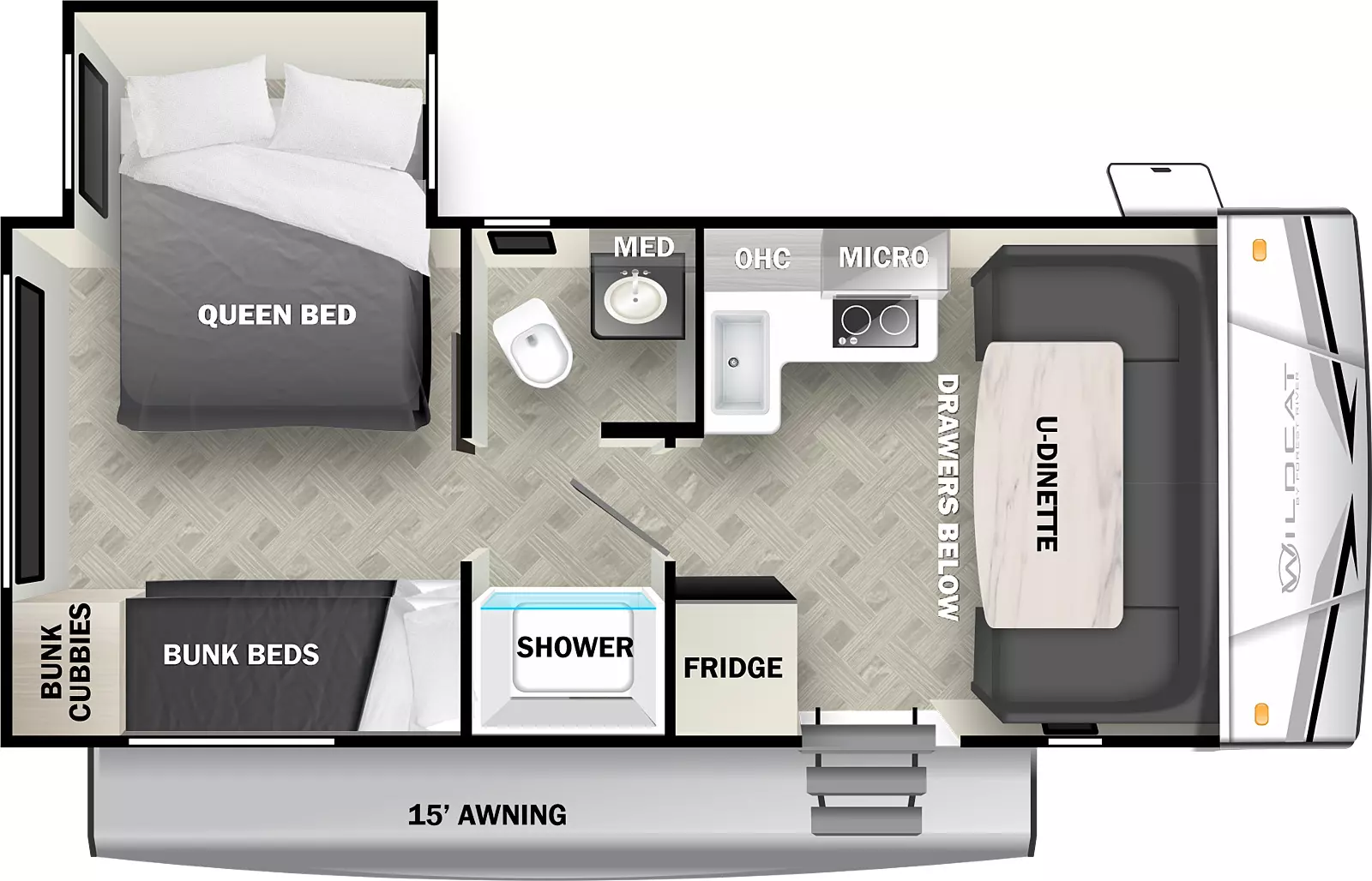 The 176BHX has one slideout and one entry. Exterior features a 15 foot awning. Interior layout front to back: u-dinette with drawers below; door side entry and refrigerator; off-door side kitchen counter with cook top, microwave and overhead wraps to inner wall with sink; pass through full bathroom with toilet and sink with medicine cabinet on off-door side, and shower on door side; rear off-door side queen bed slideout; rear door side bunk beds with bunk cubbies.