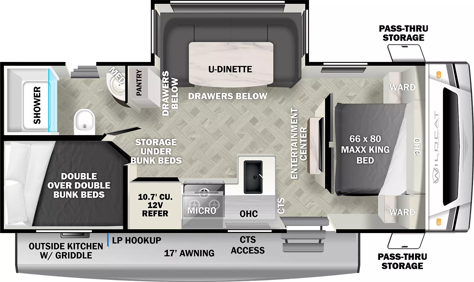 The 243DBX has one slideout and two entry doors. Exterior features include outside kitchen with griddle, LP hookup, 17 foot awning, CTS access, and front pass through storage. Interior layout front to back: maxx king bed with overhead cabinet and wardrobes on each side; island entertainment center; off-door side slideout with u-dinette with drawers below, and pantry; door side entry, peninsula kitchen counter with sink wraps to door side with CTS, overhead cabinet, microwave, cooktop, and 12V refrigerator; rear off-door side full bathroom with medicine cabinet and second entry; rear door side double over double bunk beds with storage under bunk beds.