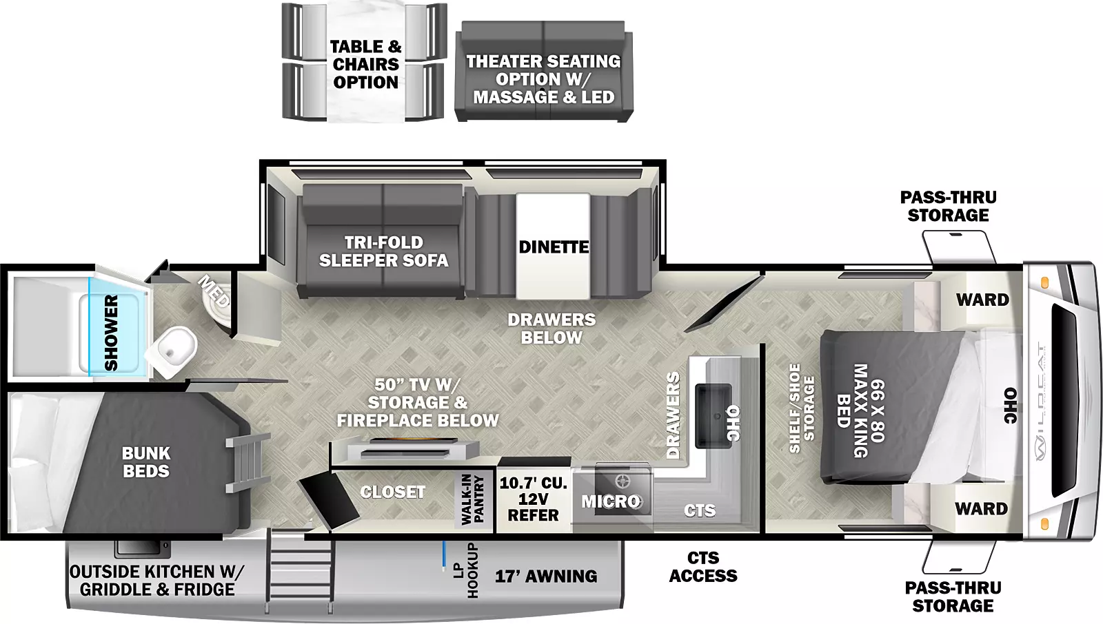 The 269DBX has one slideout and two entry doors. Exterior features front pass through storage, CTS access, 17 foot awning, LP hookup, and outside kitchen with griddle and refrigerator. Interior layout front to back: maxx king bed with overhead cabinet and wardrobes on each side, and shelf/shoe storage; kitchen counter with sink, drawers, and overhead cabinet wraps along inner wall to door side with CTS, microwave, cooktop and 12 volt refrigerator; off-door side slideout with dinette with drawers below, and tri-fold sleeper sofa; door side TV with storage and fireplace below, and walk-in pantry/closet and entry; rear off-door side full bathroom with medicine cabinet and second entry; rear door side bunk beds. Optional theater seating with massage and LED available in place of dinette, and table and chairs available in place of tri-fold sleeper sofa.