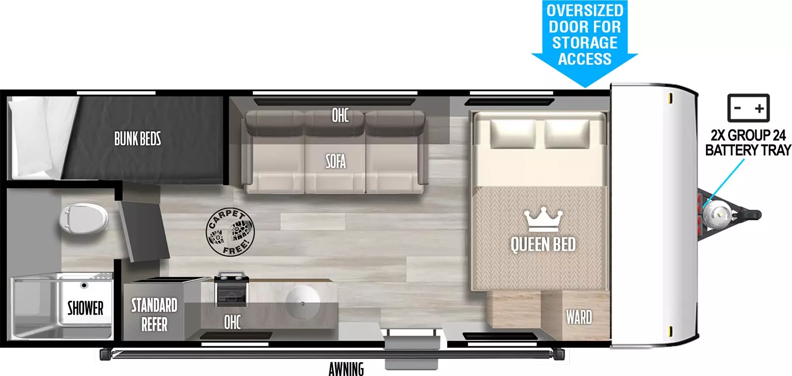 The 174BHLE has zero slideout and one entry. Exterior features awning, storage, and front 2X group 24 battery tray. Interior layout front to back: carpet-free RV; side-facing queen bed with door side wardrobe; off-door side sofa with overhead cabinet; door side entry, kitchen counter with sink and cooktop, overhead cabinet, and standard refrigerator; rear off-door side bunk beds; rear door side bathroom with toilet and shower only.