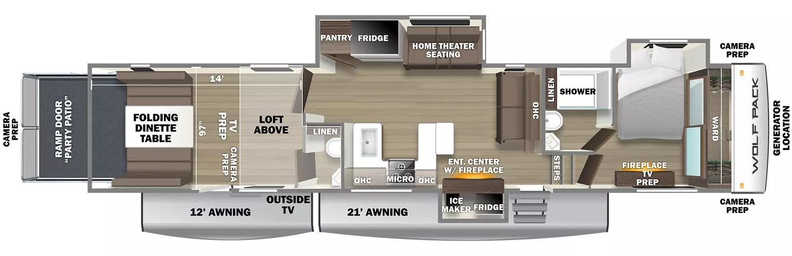 The 4500PACK14D has 3 slideouts, 1 entry door and a rear ramp door with "Party Patio". Exterior features include camera preps in the rear and both front corners, generator location in the front, a 12 ft. awning and 21 ft. awning, outside kitchen with ice maker and refrigerator, and outside TV. Interior layout from front to back includes: front bedroom with off-door bed slide out, front wardrobe, TV prep and fireplace across from the bed; bathroom accessed from bedroom with shower, linen storage, toilet and vanity; down 2 steps takes you to the living and kitchen area; entertainment center with fireplace on door side near entry door; rear facing sofa with overhead cabinet; U-shaped kitchen counter setup on the door side with overhead cabinet and microwave, stovetop, and single basin sink; off-door side slide out containing a pantry, refrigerator, and home theater seating; rear cargo area with loft above, TV and cargo area camera prep; half bathroom connected to cargo area; folding dinette table at rear of cargo area; cargo area measures 97 inches wide by 14 ft deep.