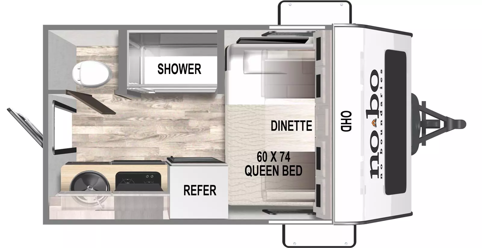 The No Boundaries 16.1 has 1 entry at the rear and no slide outs. Exterior features include baggage compartments near the front of the trailer on the door and off-door side. Interior layout from from front to back includes a dinette which converts to a 60 x 80 queen bed; off-door side shower; door side refrigerator, stove and single basin sink; and a toilet with privacy door in the off-door side rear corner.