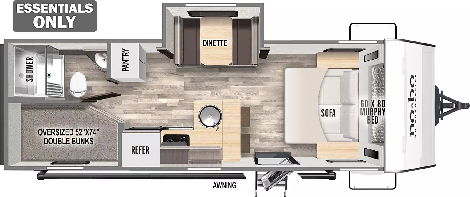 The 20.3 has one slide out and one entry door near the front. Exterior features include an awning, and front storage. Interior layout from front to back: 60 by 80 Murphy bed and sofa with wardrobes and end tables on each side; off-door side slide out dinette; door side entry and L-shaped kitchen countertop, barstools, round basin sink, cook top stove, overhead cabinets, and refrigerator; off-door side pantry; rear off-door side bathroom; rear door side double bunks.