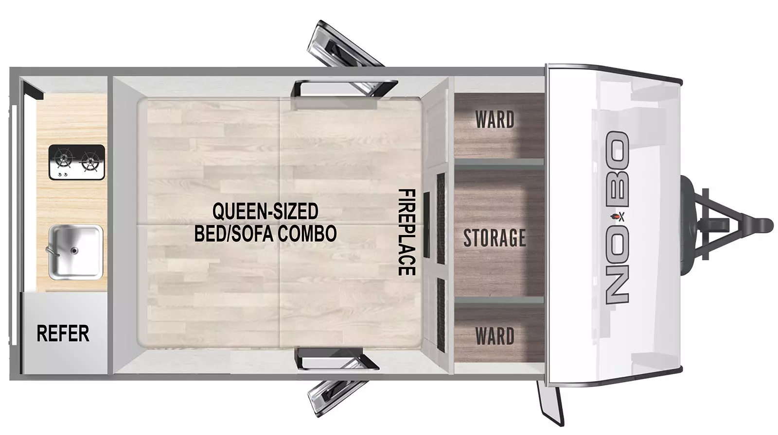 The 10.7 has no slide outs and opposing side entry doors. Interior layout from front to back includes front corner wardrobes, front storage, front fireplace, Queen sized bed/sofa combo and rear wall kitchen with refrigerator, sink and stovetop.