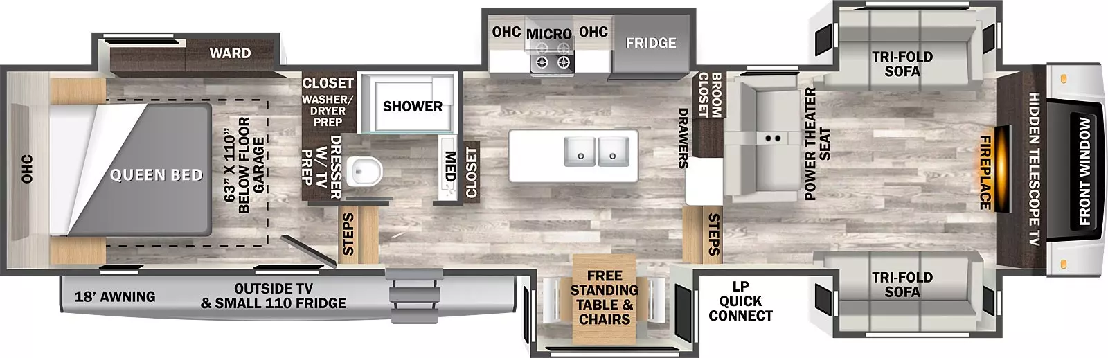 The 385TH has five slideouts and one entry. Exterior features include an 18 foot awning, front window, LP quick connect, and outside TV with small 110 refrigerator. Interior layout front to back: front living area with hidden telescope TV, and fireplace below, opposing tri-fold sofa slideouts, and power theater seating along interior wall; steps down to kitchen; broom closet, counter and drawers along inner wall; off-door side slideout with refrigerator, microwave, stove, and overhead cabinets; kitchen island with sink and fold-down breakfast counter; door-side slideout with free standing table and chairs; off-door side full bathroom; steps up to bedroom; bedroom with dresser w/TV prep, and closet with washer/dryer prep along interior wall, off-door side wardrobe slideout, and rear king bed with shelves on either side and overhead cabinets; 63x110 inch garage below bedroom.