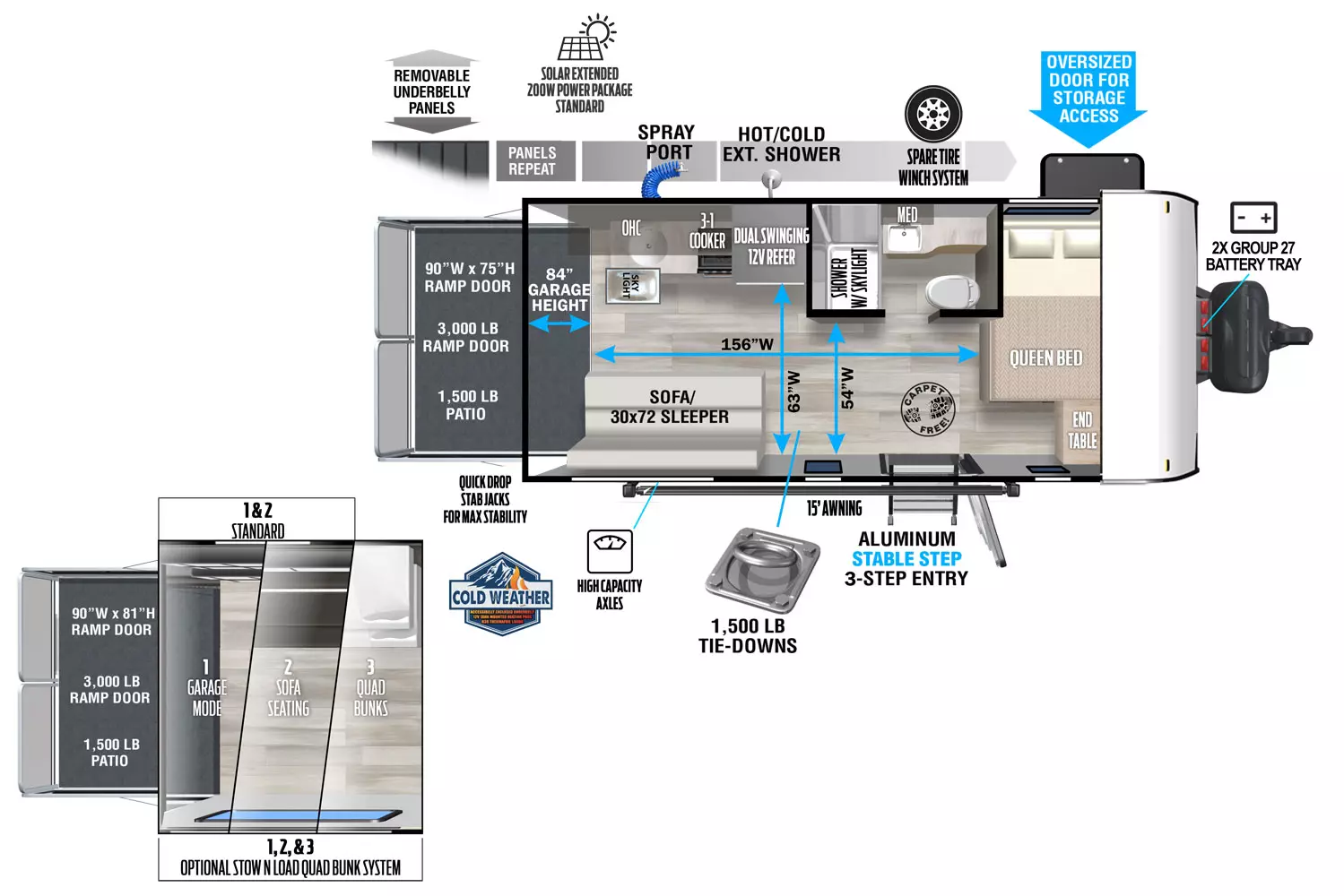 The 175RTK has zero slideouts and one entry. Exterior features removeable underbelly panels, optional solar extended 200W solar package, spray port, hot/cold exterior shower, spare tire winch system, storage, quick drop stab jacks, high capacity axles, 15 foot awning, aluminum stable step 3-step entry, front 2X group 27 battery tray, and rear ramp door. Interior layout front to back: carpet-free RV; side-facing queen bed with door side end table; off-door side full bathroom with medicine cabinet and skylight in shower; door side entry; rear off-door side dual swinging 12V refrigerator, 3-1 cooker, overhead cabinet, sink, and skylight; door side sofa/sleeper. Garage dimensions: 81 inches garage height; 156 inches from ramp door to queen bed; 63 inches from door side to refrigerator; 54 inches from door side to bathroom wall; 1,500 lb. tie-downs, 3,000 lb 90 inch x 75 inch rear ramp door with 1,500 lb. patio capacity.