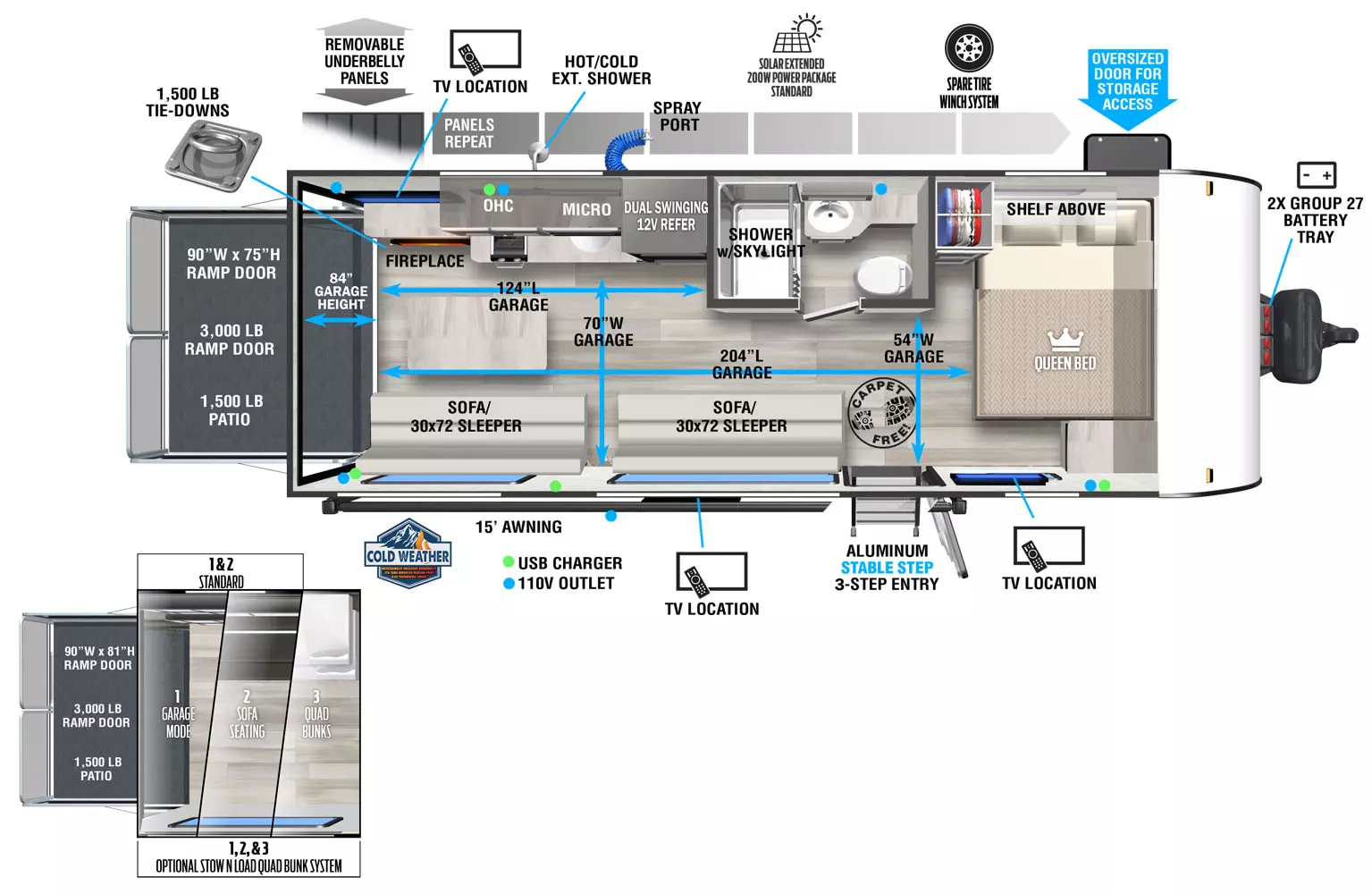 The 190RTK has zero slideouts and one entry. Exterior features removeable underbelly panels, optional solar extended 200W solar package, spray port, hot/cold exterior shower, spare tire winch system, storage, 15 foot awning, outside TV, aluminum stable step 3-step entry, front 2X group 27 battery tray, and rear ramp door. Interior layout front to back: carpet-free RV; side-facing queen bed with shelf above, wardrobe, and TV; off-door side full bathroom with skylight in shower; door side entry, sofa sleeper; rear off-door side dual swinging 12V refrigerator, microwave, overhead cabinet, sink, cooktop, fireplace, and TV; door side sofa/sleeper with table. Garage dimensions: 81 inches garage height; 204 inches from ramp door to queen bed; 124 inches from ramp door to bathroom wall, 70 inches from door side to kitchen counter; 54 inches from door side to bathroom wall; 1,500 lb. tie-downs, 3,000 lb 90 inch x 75 inch rear ramp door with 1,500 lb. patio capacity.