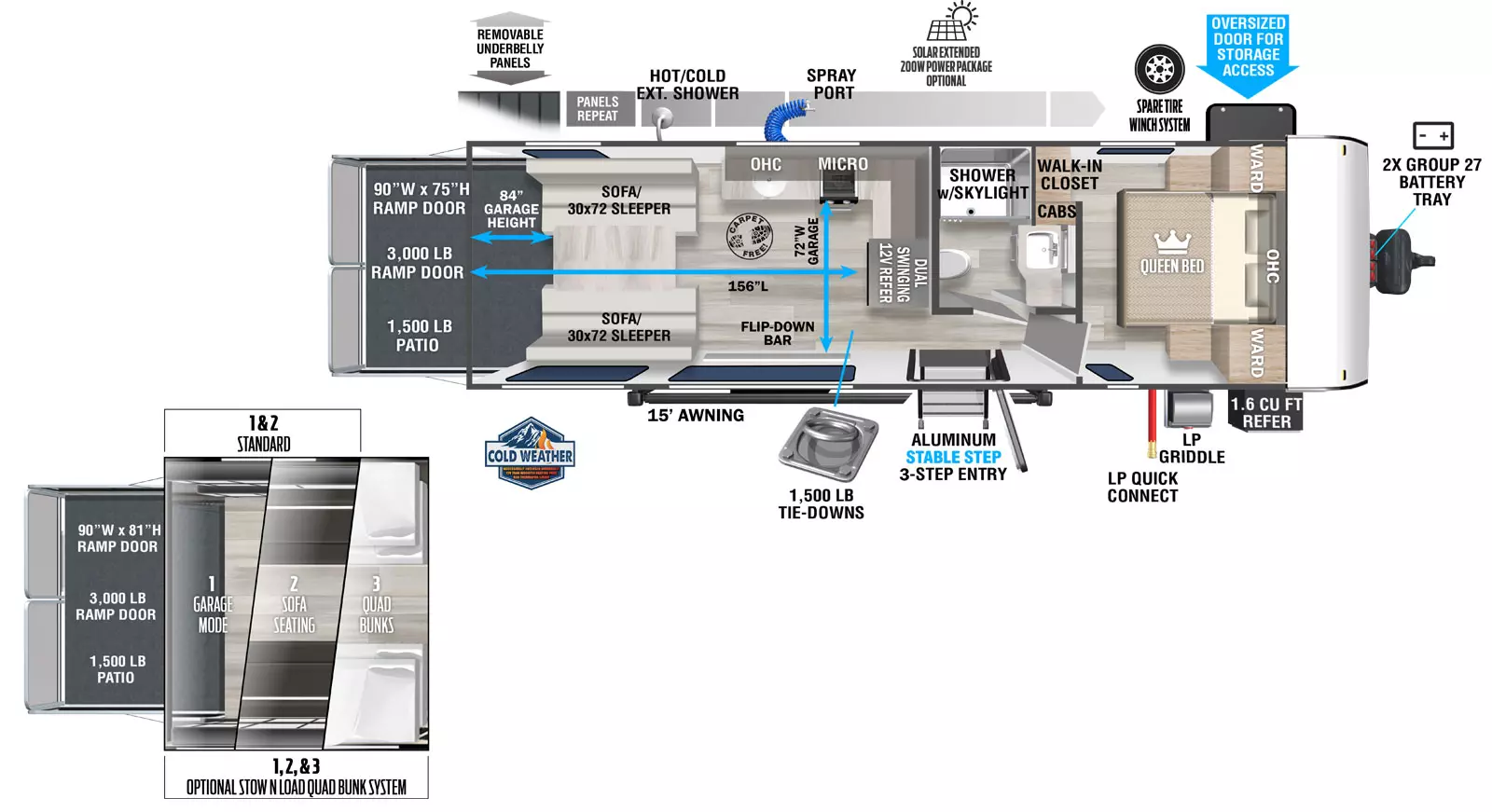 The 265RTK has zero slideouts and one entry. Exterior features removeable underbelly panels, optional solar extended 200W solar package, spray port, hot/cold exterior shower, spare tire winch system, storage, 15 foot awning, aluminum stable step 3-step entry, LP quick connect, LP griddle, refrigerator, front 2X group 27 battery tray, and rear ramp door. Interior layout front to back: carpet-free RV; queen bed with overhead cabinet, wardrobes on each side, and walk-in closet; off-door side full bathroom with cabinet, and skylight in shower; door side entry and flip-down bar; dual swinging 12V along inner wall with kitchen counter wrapping to off-door side with cooktop, sink, microwave and overhead cabinet; rear opposing sofa/sleepers with table. Garage dimensions: 81 inches garage height; 156 inches from ramp door to refrigerator, 72 inches from door side wall to kitchen counter; 1,500 lb. tie-downs; 3,000 lb 90 inch x 75 inch rear ramp door with 1,500 lb. patio capacity.