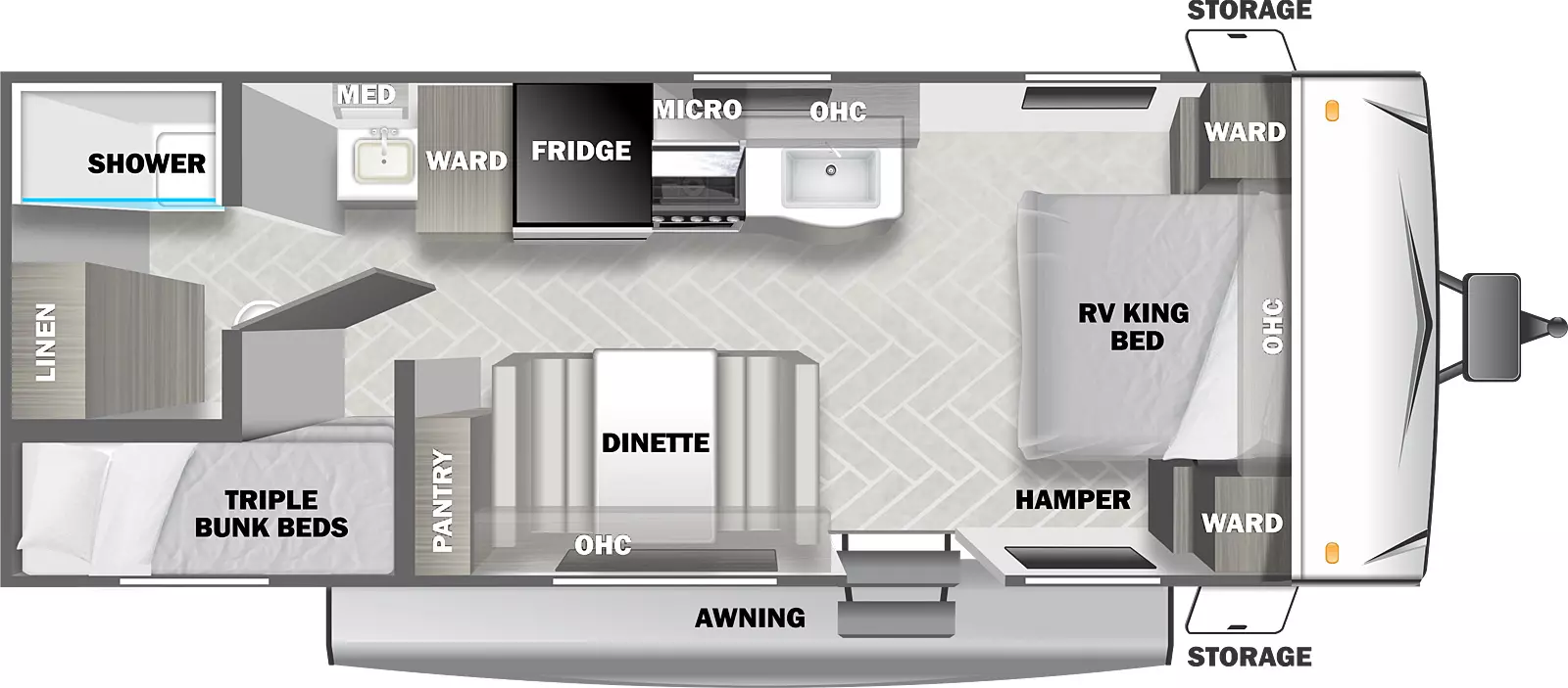 The T2250 has zero slideouts and one entry. Exterior features front storage, and an awning. Interior layout front to back: RV king bed with overhead cabinet, wardrobes on each side, and hamper on door side; off-door side kitchen counter with sink, overhead cabinet, microwave, cooktop, refrigerator, wardrobe, and bathroom sink with medicine cabinet; door side entry, dinette with overhead cabinet, and pantry; rear off-door side bathroom with shower, toilet, and linen closet only; rear door side triple bunk beds.