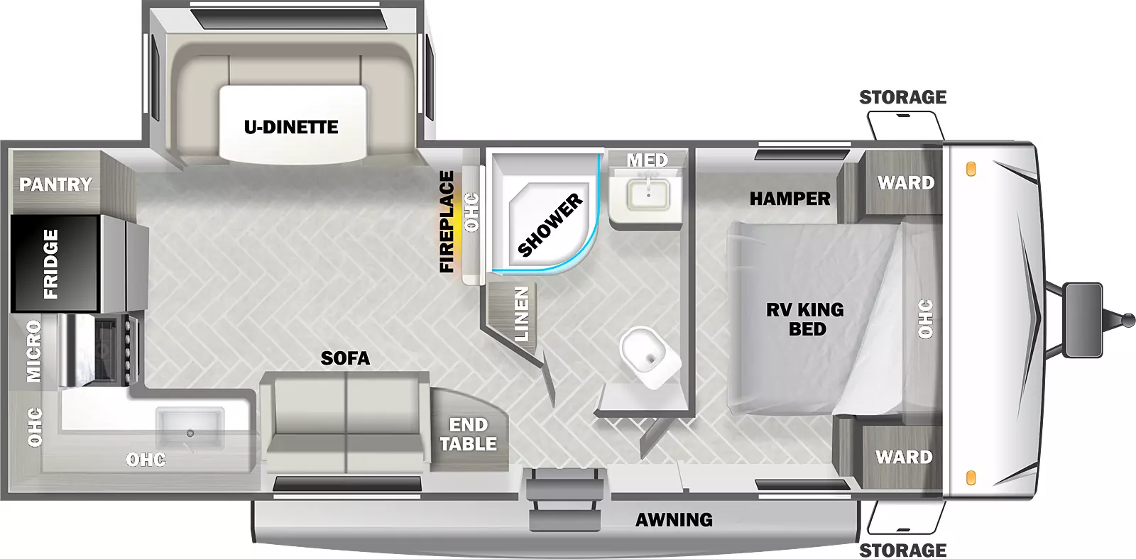 The T2360 has one slideout and one entry. Exterior features front storage, and an awning. Interior layout front to back: RV king bed with overhead cabinet, wardrobes on each side, and off-door side hamper; off-door side full bathroom with medicine cabinet and linen closet; fireplace and overhead cabinet along inner wall; door side entry, end table, and sofa; off-door side slideout with u-dinette; kitchen counter with sink wraps from door side to rear with overhead cabinet, microwave, cooktop, refrigerator and pantry.