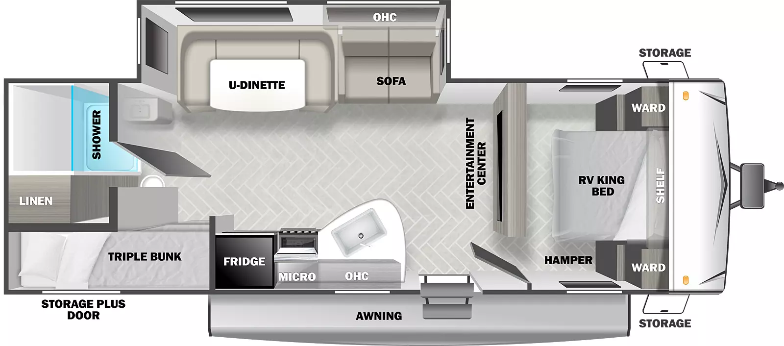 The T2550 has one slideout and one entry. Exterior features front storage, and an awning. Interior layout front to back: RV king bed with shelf above and wardrobes on each side, and hamper on door side; entertainment center along inner wall; off-door side slideout with sofa, overhead cabinet, and u-dinette; door side entry, kitchen counter with sink, overhead cabinet, microwave, cooktop and refrigerator; rear off-door side full bathroom with linen closet; rear door side triple bunk with storage plus door access to outside.