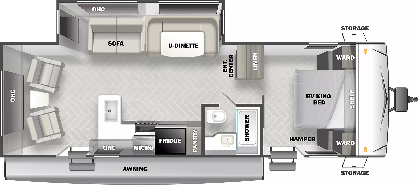 The T2600-DSO has one slideout and two entries. Exterior features front storage, and an awning. Interior layout front to back: RV king bed with shelf above and wardrobes on each side, hamper on door side, entry door, and off-door side linen closet; entertainment center along back of linen closet; door side full bathroom; off-door side slideout with u-dinette, and sofa with overhead cabinet; door side pantry, refrigerator, microwave and cooktop, overhead cabinet, peninsula kitchen counter with sink, and second entry door; rear chairs with overhead cabinet.