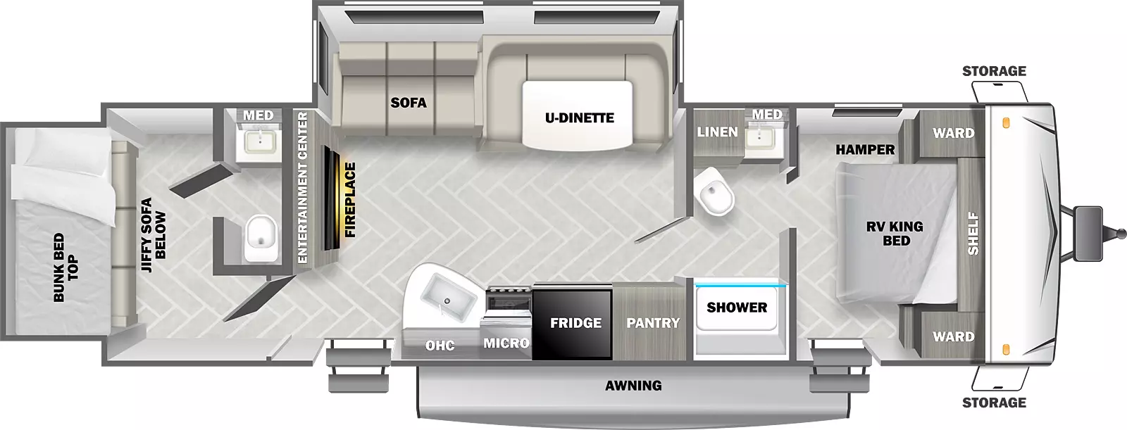 The T2800 has two slideouts and two entries. Exterior features front storage and an awning. Interior layout front to back: RV king bed with shelf above, wardrobes on each side, off-door side hamper, and entry door; pass through full bathroom with linen closet and medicine cabinet; off-door side slideout with u-dinette and sofa; door side pantry, refrigerator, microwave, cooktop, overhead cabinet, kitchen counter with sink, and second entry; entertainment center with fireplace below along inner wall; rear off-door side half bathroom with medicine cabinet; rear slideout with bunk bed top and jiffy sofa below.