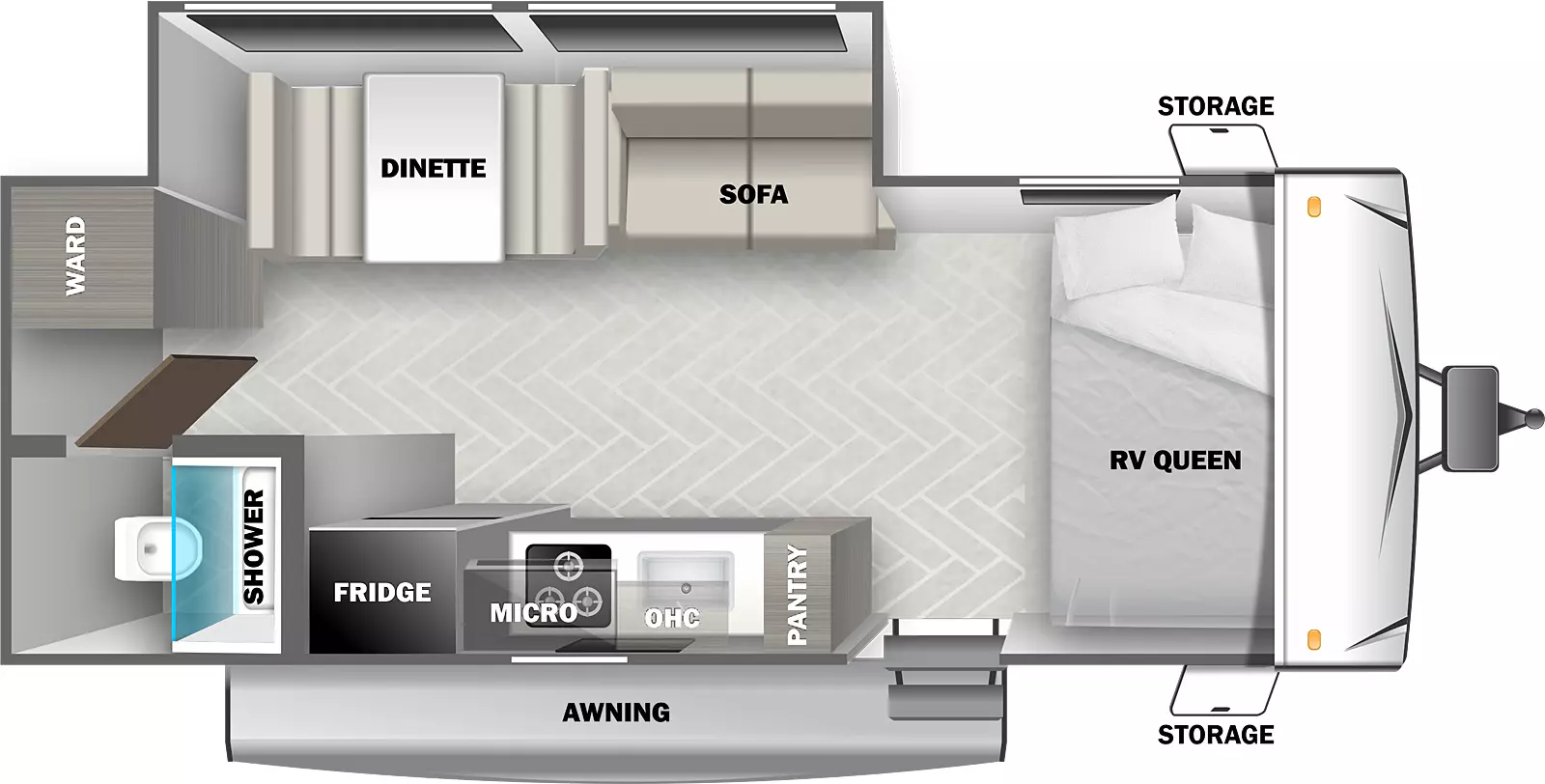 The 197SS has one slideout and one entry. Exterior features an awning and front storage. Interior layout front to back: bed; door side entry, kitchen counter, overhead cabinet, microwave, and refrigerator; off-door side slideout with versa lounge and versa booth dinette; rear door side bathroom with toilet and shower only; rear off-door side pantry. 7 foot wide.