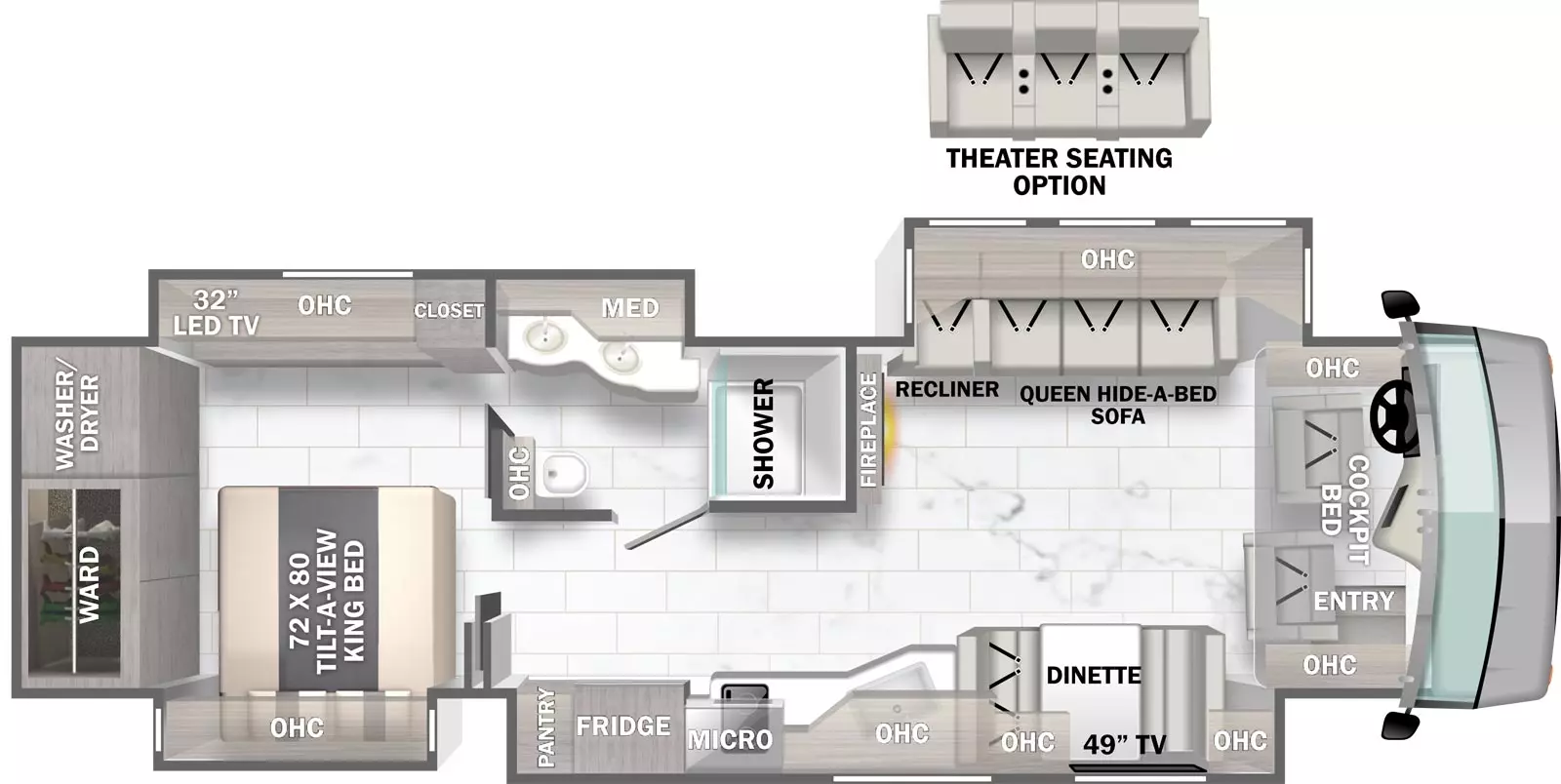 The 37A has four slide outs and one entry. Interior layout front to back: cockpit with entry, overhead cabinets, and cockpit bed; off-door side slideout with queen hide-a-bed sofa, recliner and overhead cabinet; door side slideout with dinette, TV, overhead cabinets, kitchen countertop with sink, microwave over cooktop, refrigerator and pantry; off-door side fireplace along inner wall; off-door side pass-through bathroom with two sinks, medicine cabinet and overhead cabinet; rear door side slideout with tilt-a-view king bed and overhead cabinet; rear off-door side slideout with closet, overhead cabinet, and TV; rear wardrobe and washer/dryer prep. Optional theater seating available in place of queen hide-a-bed sofa.