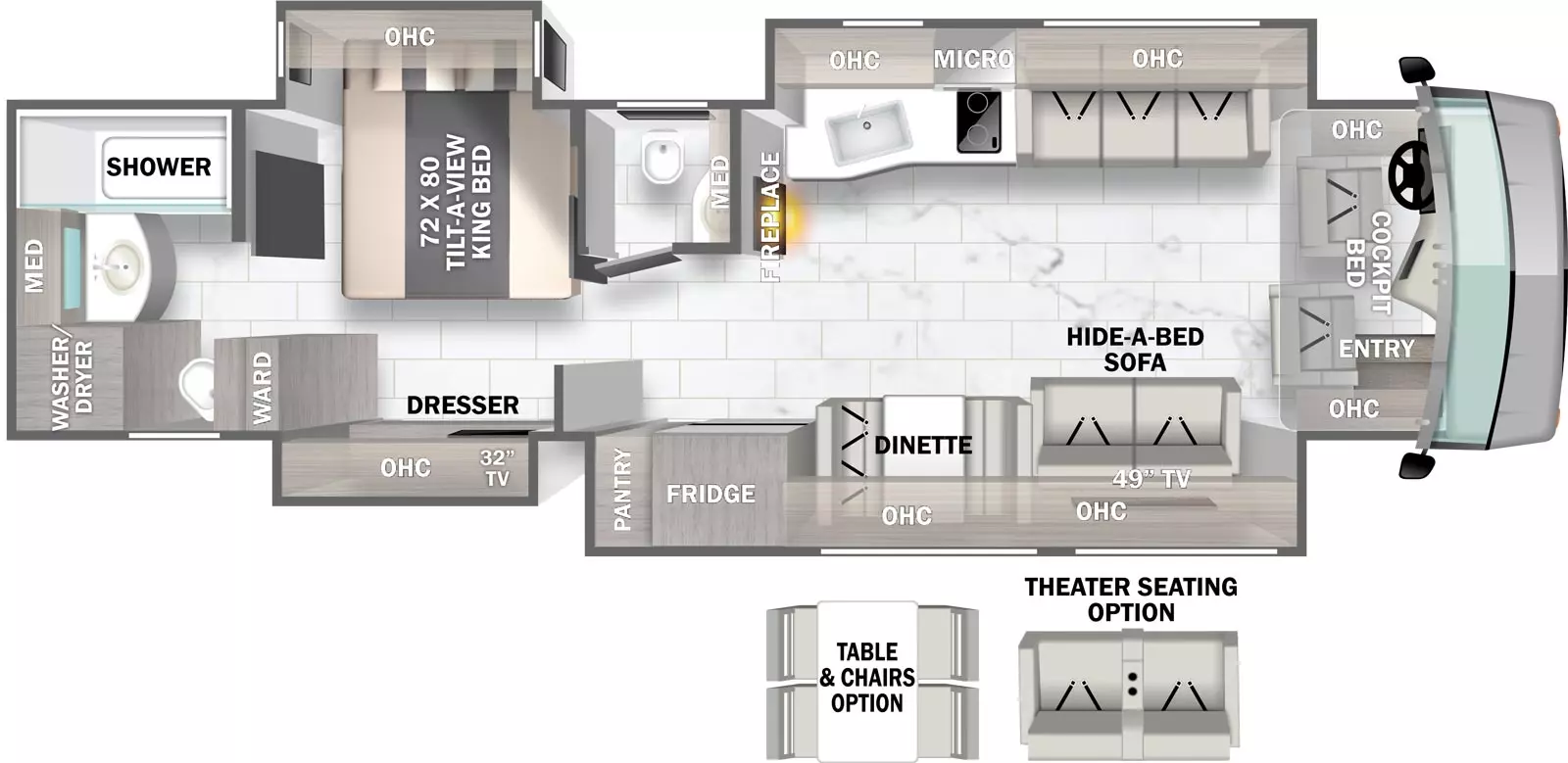 The 40D has four slideouts and one entry. Interior layout front to back: cockpit with entry, overhead cabinets, and cockpit bed; off-door side slideout with sofa, overhead cabinets, microwave over cooktop, and kitchen countertop with sink; door side slideout with hide-a-bed sofa, TV, overhead cabinets, dinette, refrigerator and pantry; off-door side fireplace along inner wall, and half bathroom with medicine cabinet; door side slideout with dresser, overhead cabinet and TV; wardrobe along inner wall; off-door side slideout with tilt-a-view king bed with overhead cabinet; rear full bathroom with overhead cabinet, and washer/dryer prep. Optional theater seating in place of hide-a-bed sofa. Optional table and chairs in place of dinette.