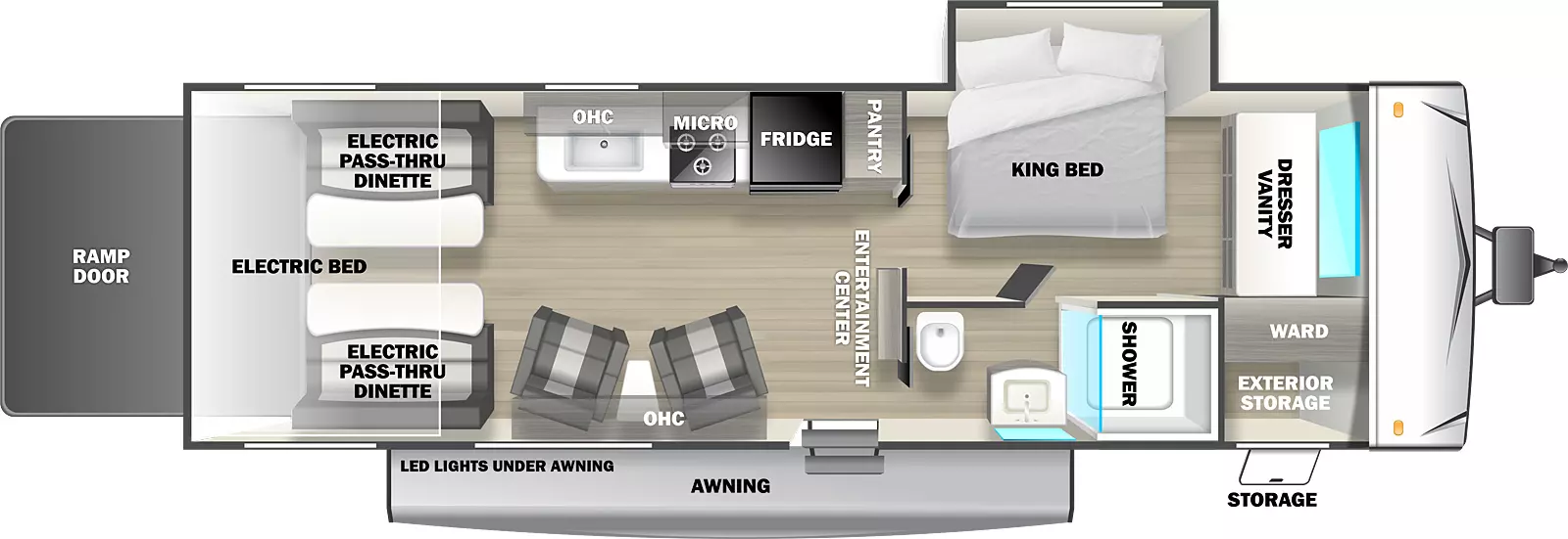 The Stealth QS2616G is a toy hauler travel trailer that has one entry door, rear ramp door, one slideout on the off-door side, 18' awning, and front storage on the exterior.  Inside, there is a bedroom in the front of the unit. A king bed is placed crosswise, with the head of the bed extending into a slideout; a dresser vanity with mirror; and wardrobe cabinet. There is a doorway into the bathroom and a separate door into the main living area. The bathroom contains a tub shower, sink, and commode, and has a second door that opens into the main living area. There is a partial wall located between the bedroom and bathroom doors, with an entertainment center and TV that faces the rear of the unit. The kitchen is located on the off-door side, with a pantry, double door refrigerator, stovetop and oven, and sink, with cabinets and a microwave oven mounted overhead. Additional overhead cabinets are mounted on the door side, with a pair of upholstered chairs and small table located underneath. In the rear of the unit are two flip sofa benches, one on either side, with a split dinette table between them. These convert to a standard electric bed. This trailer provides 16' of interior cargo space.