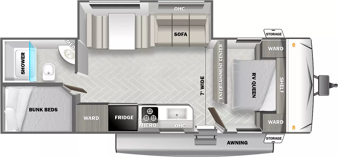 The 267SS has one slideout and one entry. Exterior features front storage, and an awning. Interior layout front to back: RV queen with shelf above and wardrobes on each side; entertainment center with fireplace below along inner wall; off-door side slideout with sofa with overhead cabinet, and dinette; door side entry, kitchen counter with sink, overhead cabinet, microwave, cooktop, refrigerator, and walk-in pantry; rear off-door side full bathroom with medicine cabinet; rear door side bunk bed.