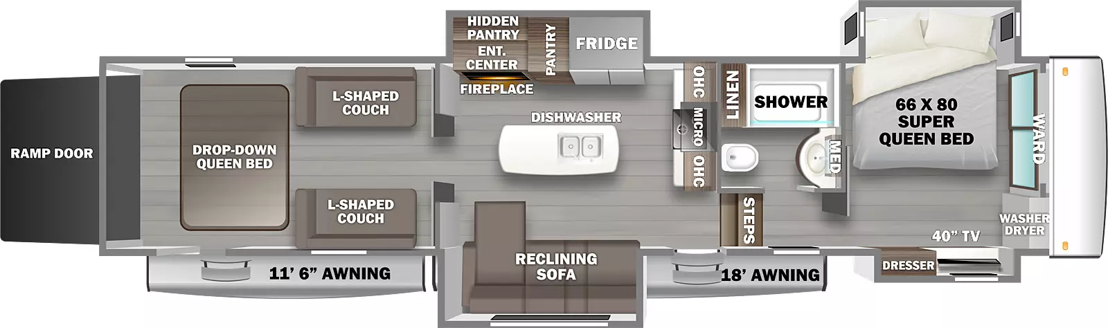 The 45BATH has four slideouts and two entries. Exterior features include a rear ramp door, and 11 foot 6 inch and 18 foot awnings. Interior layout front to back: wardrobe with washer/dryer prep, off-door side king bed slideout, and door side slideout with dresser and TV; off-door side aisle full bathroom with linen cabinet and medicine cabinet; steps down to main entry; microwave and overhead cabinets along inner wall; off-door side slideout with refrigerator, pantry, and entertainment center with fireplace below and additional hidden pantry behind; kitchen island with sink; door side slideout with chaise sofa with console and recliner; rear garage area with second entry door, Happijack u-shaped dinette, and drop-down queen bed.