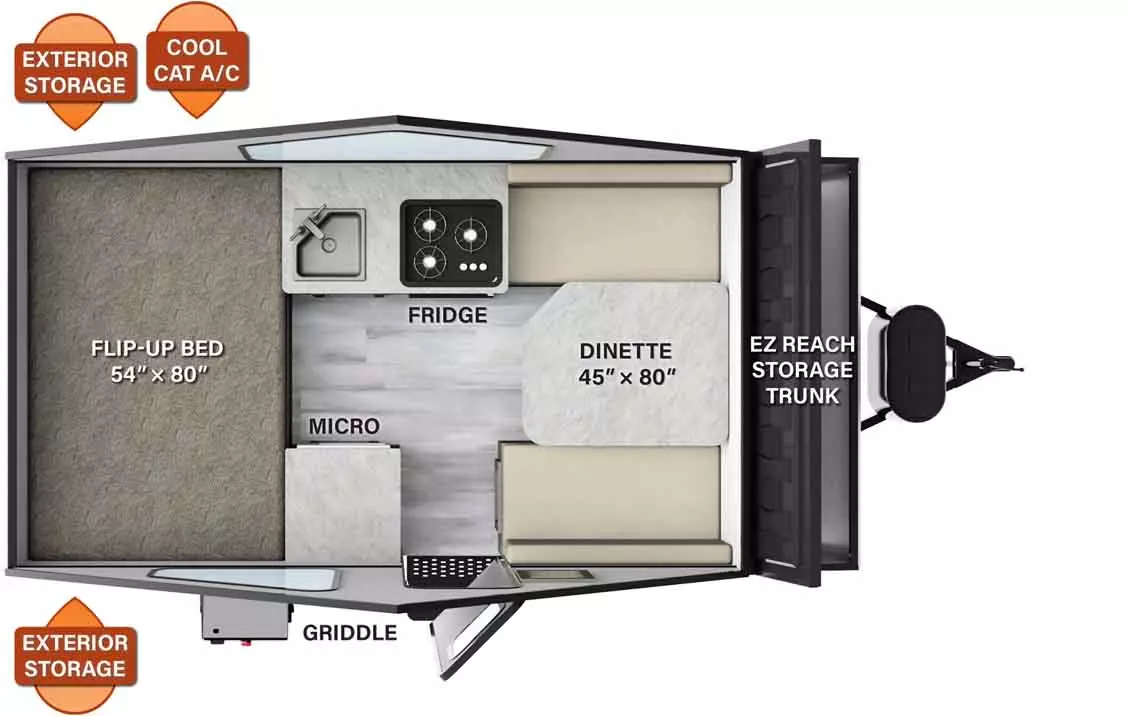 The T12RBST has no slide outs and one entry door. Exterior features include a griddle on the door side, EZ reach storage trunks, and exterior storage. Interior layout from front to back: a dinette in the front; cook top stove with a sink and a refrigerator; microwave cabinet; flip-up bed with a cool cat air conditioner in the rear.