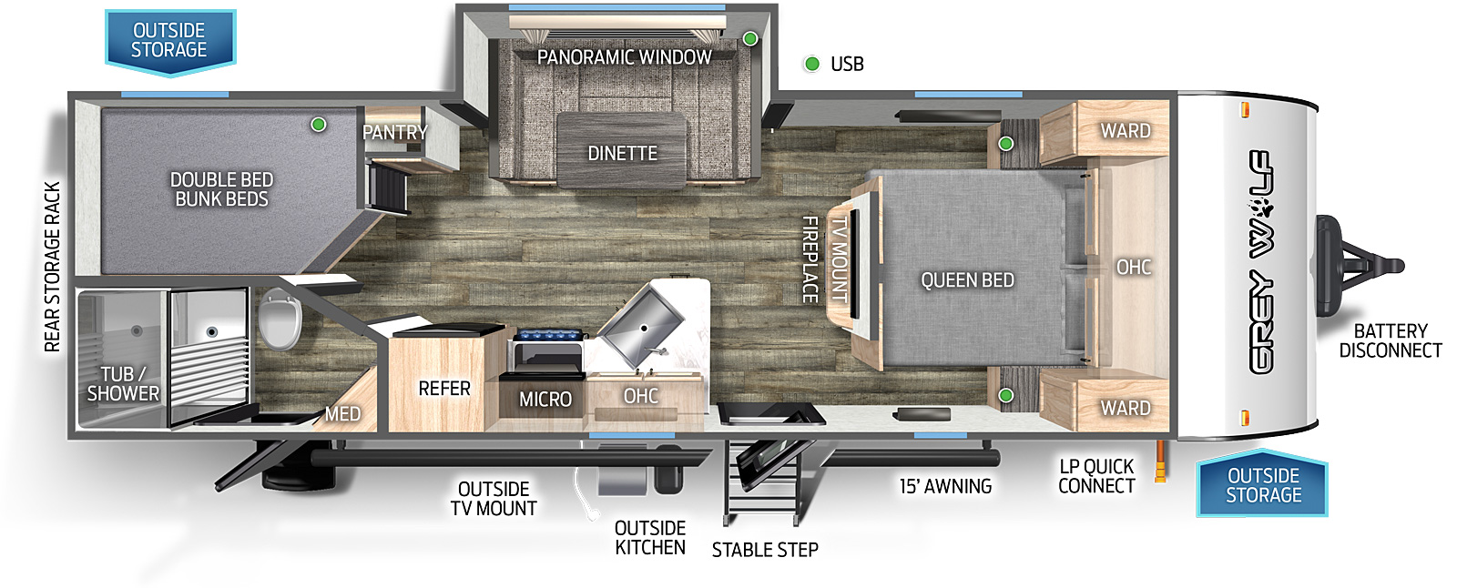 The 23DBHBL has one slide out and one entry door. Exterior features include a rear storage rack, outside TV mount, outside kitchen, mid stable step entry, 15 foot awning, LP quick connect, outside storage, and battery disconnect. Interior layout front to back: queen bed with overhead cabinet and wardrobes on either side; TV mount with fireplace below along inner wall; off-door side slide out with U-dinette and panoramic window; door side entry, peninsula kitchen countertop with sink wraps to door side with overhead cabinet, microwave, cooktop over, and refrigerator; rear door side full bathroom with medicine cabinet; rear off-door side double bed bunk beds.