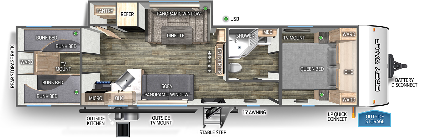 The 29BRBBL has one slide out and one entry door. Exterior features include rear storage rack, outside kitchen, outside TV mount, mid stable step entry, 15 foot awning, LP quick connect, outside storage, and battery disconnect. Interior layout front to back: queen bed with overhead cabinet, wardrobes on each side, and TV mount; off-door side aisle pass through full bathroom with medicine cabinet; entertainment center with fireplace below on inner wall; off-door side slide out with u-dinette, panoramic window, refrigerator and pantry; door side entry, sofa, panoramic window, peninsula sink countertop wraps to door side with overhead cabinet, microwave and cooktop stove; rear bunk house with bunk beds on each side and a rear wardrobe with TV mount.