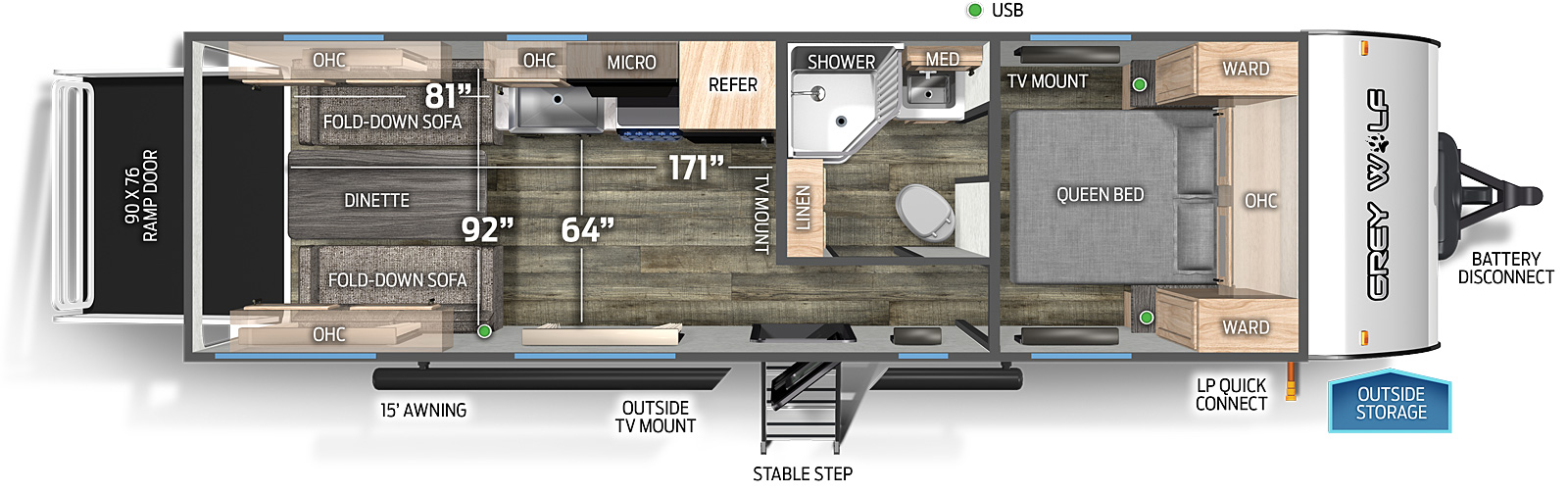 The 25RRTBL has no slide outs, a rear ramp door, and one entry door. Exterior features include 15 foot awning, outside TV mount, mid stable step entry, LP quick connect, outside storage, and battery disconnect. Interior layout front to back: queen bed with overhead cabinet and wardrobes on either side; off-door side aisle pass through full bathroom with linen closet and medicine cabinet; off-door side refrigerator, microwave, overhead cabinets, cook top stove, and kitchen countertop with sink; rear opposing wall fold down sofas with overhead cabinets, and dinette table. Cargo area measurements: 171 inches from the rear of the trailer to the bathroom wall; 64 inches from the kitchen countertop to the door side wall; 92 inches from off-door side wall to door side wall; 81 inches from rear of trailer to the kitchen countertop; 90 inch by 76 inch rear ramp door.