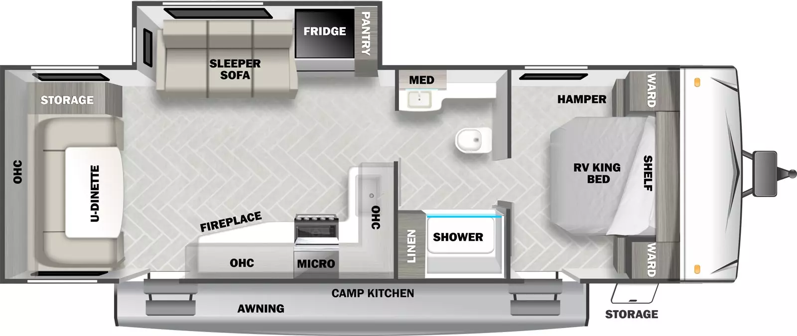 The T25RD has 1 slide out and 2 entry doors. Exterior features include an awning, camp kitchen with refrigerator and griddle, and front luggage compartment. Interior layout from front to back includes: front bedroom with RV King bed, wardrobes and overhead cabinet; walk-through bathroom with shower, linen storage, toilet, vanity and medicine cabinet; door side kitchen with stovetop, overhead microwave and cabinets, TV and entertainment center with fireplace; off-door slide out containing a Versa sofa, refrigerator and pantry; and rear wall Versa U-dinette with storage and overhead cabinet.