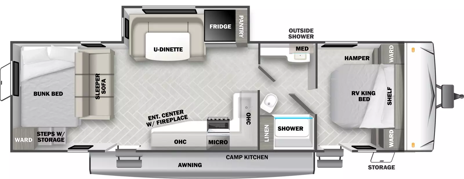 The T26DB has 1 off-door slide out and 2 entry doors. Exterior features include a rear luggage door, awning, camp kitchen with refrigerator, griddle & spray port, front luggage and external shower. Interior layout from front to back includes: front bedroom with foot-facing RV King bed, overhead cabinet and wardrobes on each side of the bed; pass-through bathroom with vanity, medicine cabinet, shower, linen storage and toilet; off-door side slide out containing a versa dinette and refrigerator; door-side kitchen with fireplace and stereo entertainment center, TV, overhead microwave, overhead cabinet, range and single basin sink; front-facing sleeper sofa; rear wall 46 x 74 double bunk beds and corner wardrobe.