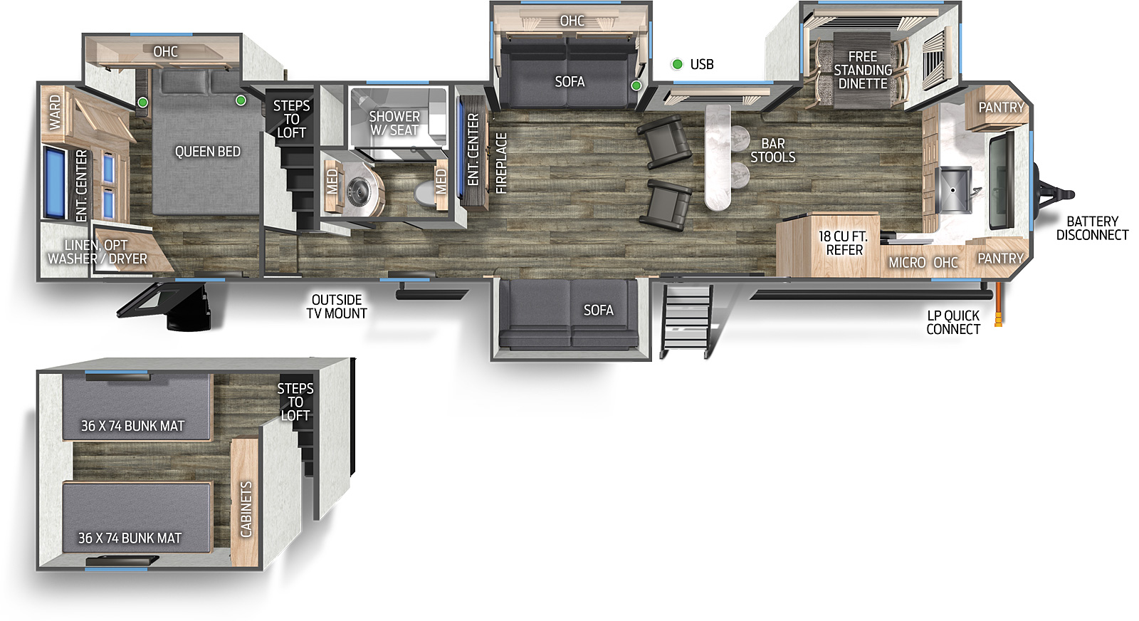 The 39SRBL has four slide outs and two entry doors. Exterior features include battery disconnect, LP quick connect, and outside TV mount. Interior layout front to back: front pantry, sink and countertop that wraps to door side with pantry overhead cabinets, microwave and 18 cubic foot refrigerator; off-door side slide out with a free standing dinette; off-door side bar with two stools; sliding patio door entry; opposing slide outs a sofa on the door side and a sofa and overhead cabinets on the off-door side; two rear facing chairs across from an entertainment center with fireplace below along inner wall; off-door side aisle bathroom with two medicine cabinets and shower with seat; stairs to a loft over the bedroom with two bunk mats and cabinets; rear bedroom with off-door side queen bed slide out, rear wardrobe, entertainment center, linen cabinet with optional washer and dryer, and third entry.