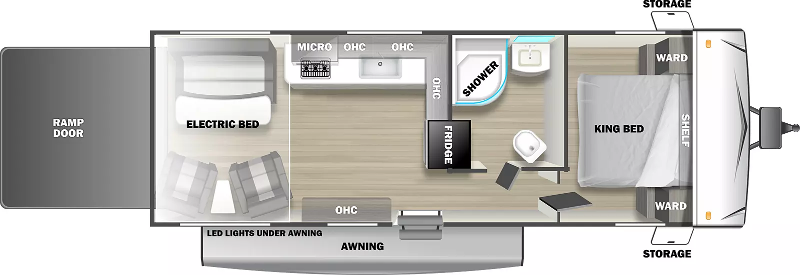 The 24FSGLE has one zero slideouts and one entry. Exterior features a rear ramp door, an awning with LED Lights under, and front pass thru storage. Interior layout front to back: King bed with shelf above and wardrobes on each side; off-door side full bathroom; refrigerator and kitchen countertop along inner wall that wraps to off-door side with overhead cabinet, sink, microwave and cooktop; door side entry and overhead cabinet; rear seating and table with electric bed above.