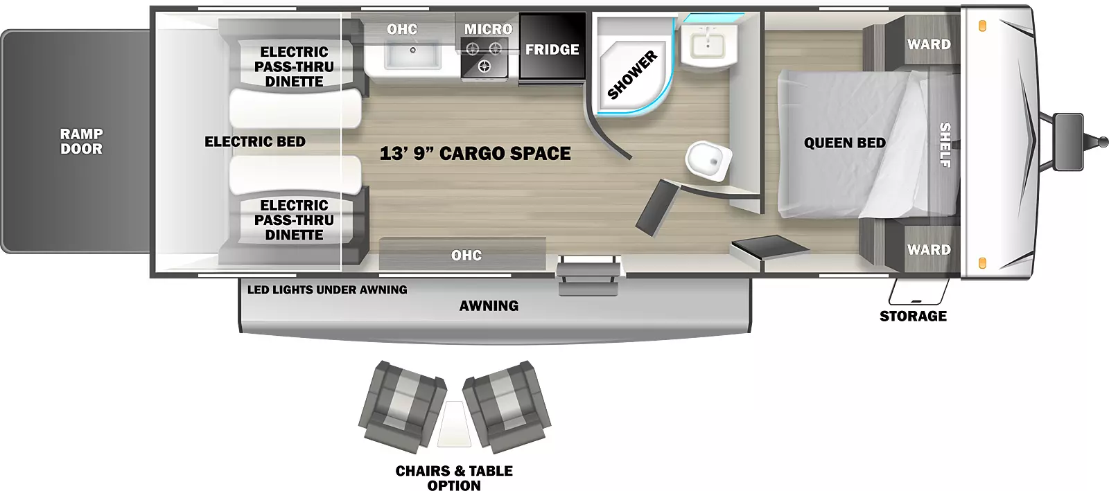 The Shockwave 24RQMX is a toy hauler trailer with one entry door, a rear ramp door, front storage, and 14' awning on the exterior. Inside, a walkaround RV queen bed is located in the front of the unit, with wardrobe cabinets on either side and a shelf overhead. Outside the bedroom is a short hallway with the bathroom located to the right. The bathroom contains a sink, glass radius shower, and commode. In the main living area, the kitchen is located on the off-door side with refrigerator, cooktop and oven, and sink, with cabinets and microwave mounted overhead. Additional overhead cabinets are mounted on the off-door side. In the rear of the unit are two flip sofa benches, one on either side, with a split dinette table between them. These convert to a standard electric bed. There is an option to add a pair of upholstered chairs and table to this unit under the cabinets on the door side. This trailer provides 13' 9" of interior cargo space.