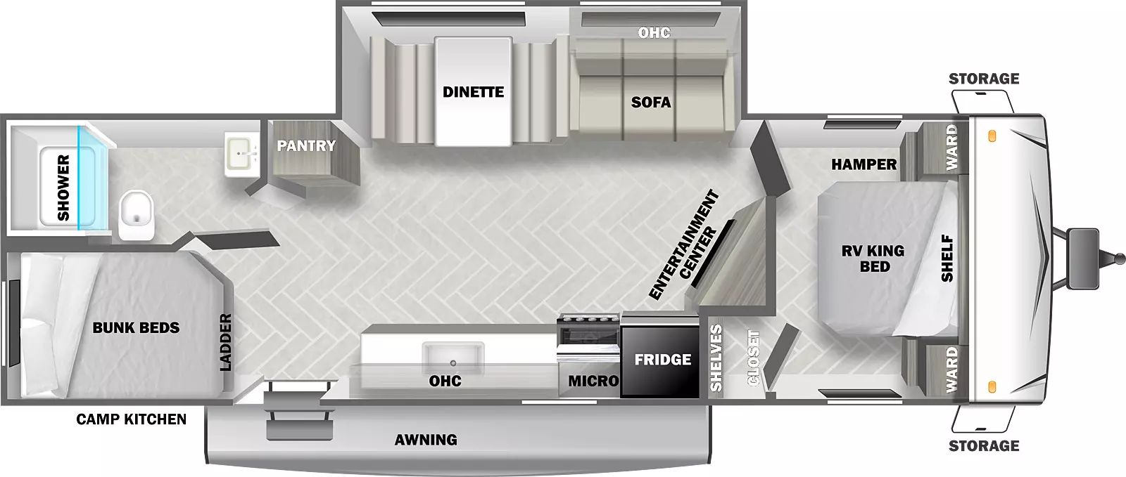 The T278SS has one slide out and one entry. Exterior features front storage, awning, and camp kitchen. Interior layout front to back: RV king bed with shelf above, wardrobes on each side, hamper on off-door side, and closet with shelves on interior wall; angled entertainment center along inner wall; off-door side slide out with sofa, overhead cabinet, and dinette; door side refrigerator, microwave, cooktop, countertop with sink, overhead cabinet and entry door; off-door side pantry; rear off-door side full bathroom; rear door side bunk beds with ladder.