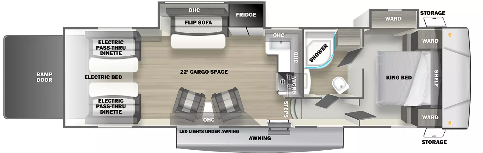 The Stealth SA3421G is a toy hauler fifth wheel with one entry door, a rear ramp door, two slides on the off-door side, and awning on the exterior. Inside, a walkaround king bed is located in the front of the unit, with wardrobe cabinets on either side and  cabinets overhead.There is a slideout on the off-door bedroom wall that contains a wardrobe vanity. The bedrdoom has two doors, one into the bathroom and one into a short hallway with steps that opens to the main living area. The bathroom contains a sink, medicine cabinet, linen cabinet, commode, and glass radius shower. The kitchen countertop with sink, cooktop, and oven are located on the outside bathroom wall facing the rear of the RV, with cabinets and a microwave mounted overhead. Next to the kitchen area on the off-door wall is a slideout containing a double door refrigerator and flip sofa with half dinette table and overhead cabinets. Additional overhead cabinets are mounted on the door side. A pair of upholstered chairs with small table between them are located underneath these cabinets. In the rear of the unit are two flip sofa benches, one on either side, with a split dinette table between them. These convert to a standard electric bed. This trailer provides 22' of interior cargo space.