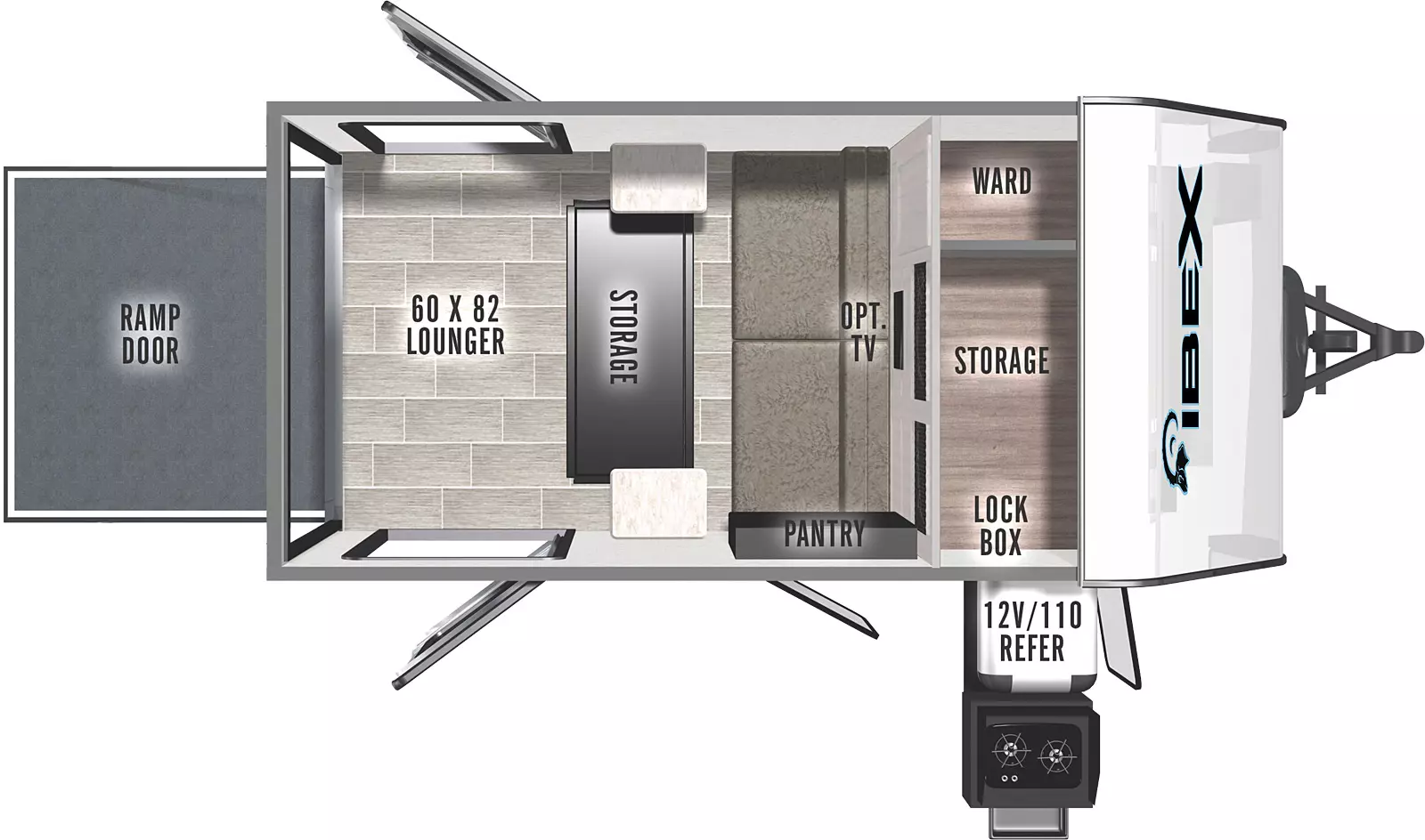 The 10LGH has no slideouts and two entry doors. Exterior features a 12V/110 refrigerator in the outside kitchen. Interior layout front to back: wardrobe, storage and lockbox; optional TV above a front lounger, and pantry on the door side; storage; opposing entry doors; rear ramp door.