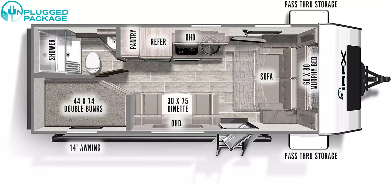 The 19MBH is a dual axle floorplan that is 24 feet 4 inches in total length and has no slide outs. On the outside, the camp side will feature an optional outside cooking area with a prep table, griddle cooktop, and spray hose and nozzle, which are all neatly covered by a 16 foot long power awning. You will also find a full pass through storage that is accessible from both sides, a rear ladder, and a black tank flush. On the inside, a full queen sized murphy bed is large and comfortable for sleeping at night, and easily folds up to expose a couch for extra seating during the day. A 2 person dinette sits across from the kitchen area that features a convection microwave, deep stainless steel sink, a large refrigerator, and a 2 burner stove top. In the rear of the inside, 2 large double bunks allow for additional sleeping areas, as well as a full bathroom.