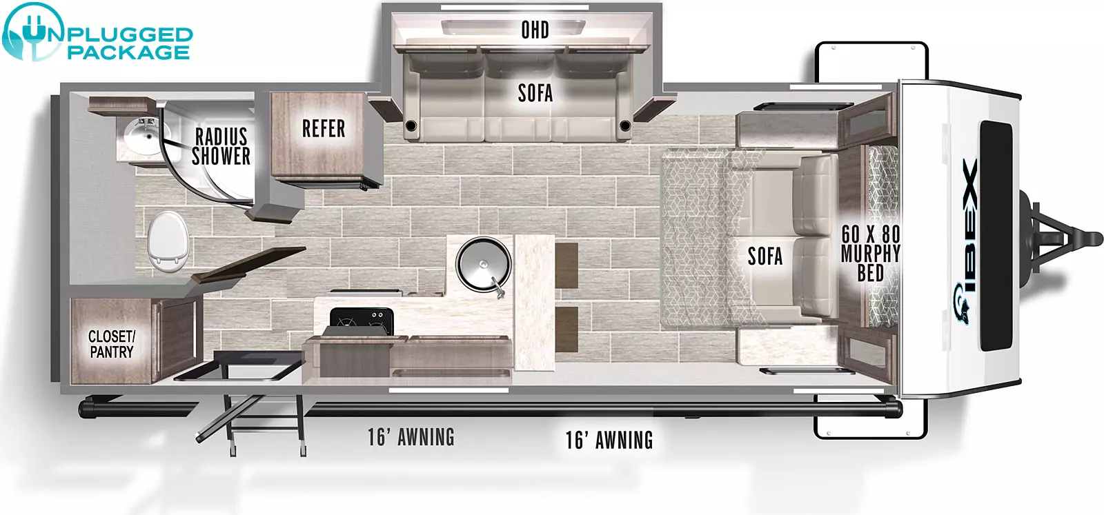 The 19MSB has one slideout and one entry. Exterior features include a 16 foot awning. Interior layout front to back: murphy bed and sofa; off-door side slideout with sofa and overhead cabinets; peninsula kitchen counter with bar stools and sink that wraps around to door side kitchen; off-door side refrigerator; rear door side closet/pantry and entry; rear off-door side full bathroom with radius shower.