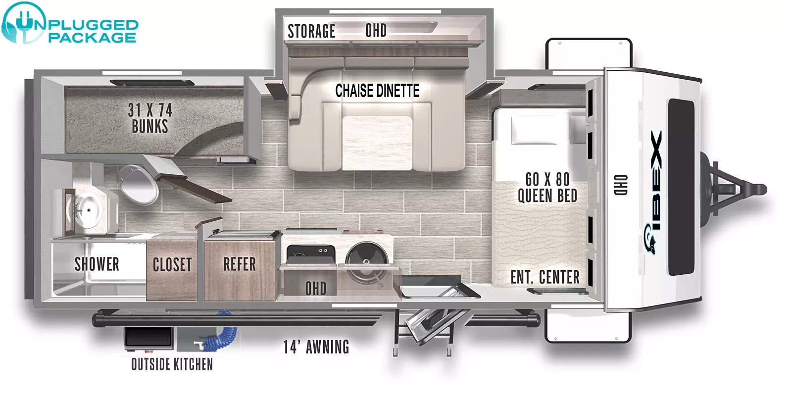 The 19QBH has one slideout and one entry. Exterior features include an outside kitchen and 14 foot awning. Interior layout front to back: queen bed with overhead cabinet and entertainment center; off-door side slideout with chaise dinette, overhead cabinet, and storage; door side entry, and kitchen with overhead cabinet and refrigerator; rear off-door side bunk beds; rear door side full bathroom with closet.