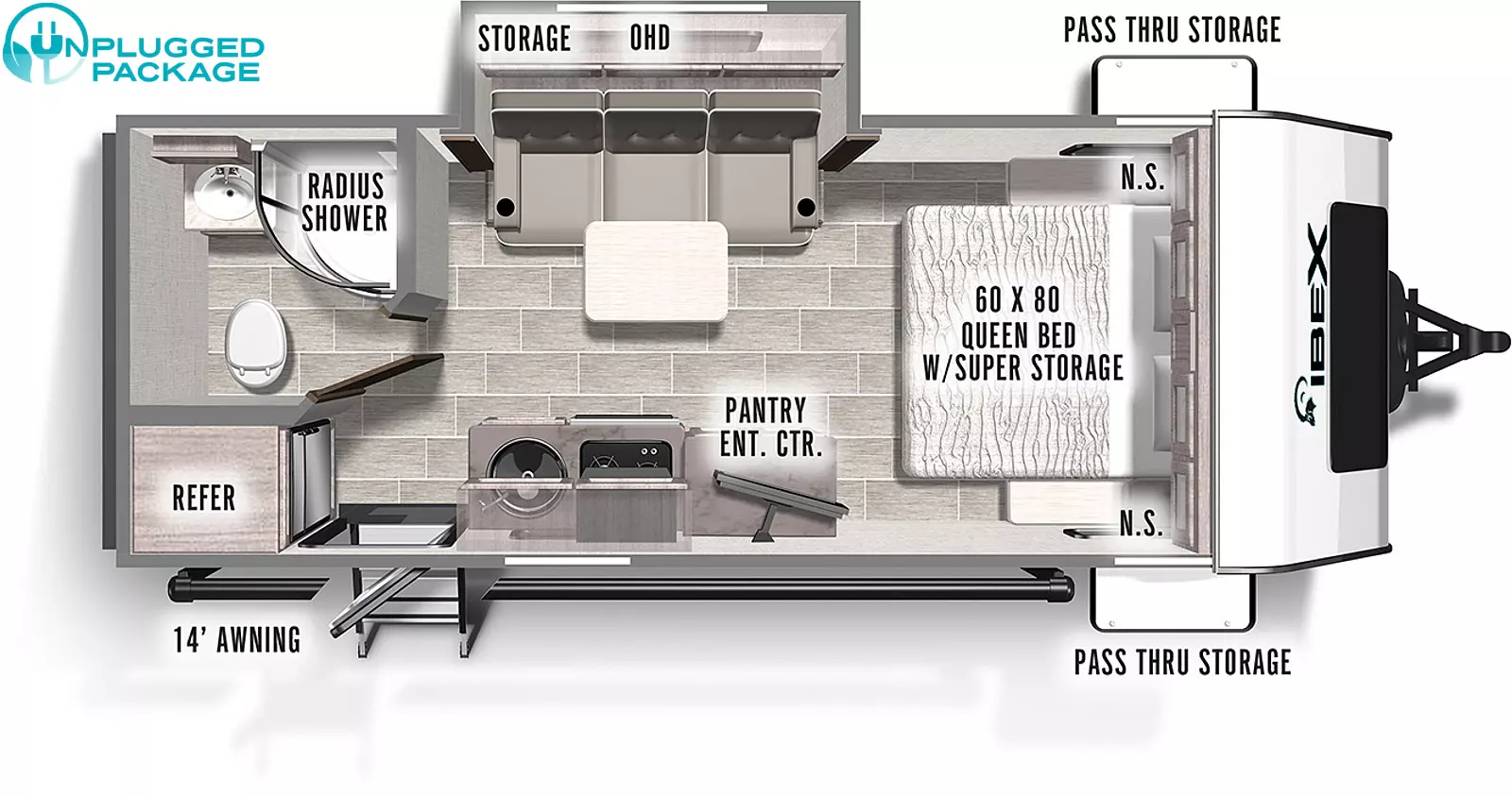 The 19QBS is a single axle model that is 22 feet 8 inches in total length and has a slide out on the non-camp side. On the camp side you will find the optional Bush kitchen for your outside cooking needs that is located conveniently under the 14 foot power awning. The large pass through storage up front allows for plenty of storage that is accessible from both sides. On the inside, the front features a walk around residential sized queen bed with a front window that adds plenty of natural light and views of the outdoors. The middle of the floorplan has a couch that can convert to a sleeping area as well as a full kitchen area with a convection microwave, 2 burner gas stove top, and a deep stainless steel sink. The rear features a comfortable bathroom in one corner and a large refrigerator in the other corner.