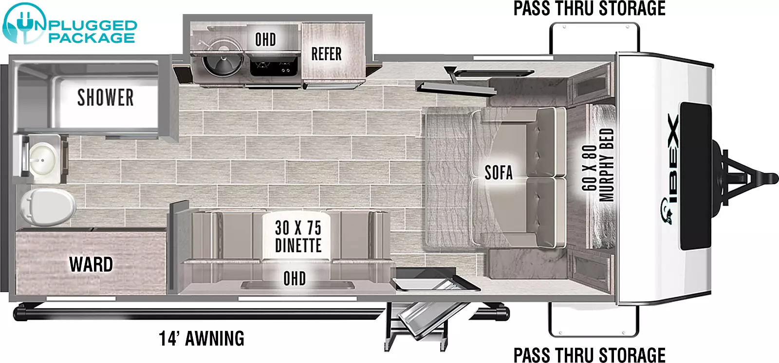 Floorplan image shows a 21 foot, 11 inch long travel trailer with front murphy-type bed and sofa, 30 by 75-inch dinette, kitchen area situated in slideout with cooktop, refrigerator, and sink. Rear bathroom with shower and ward. The exterior features a 14 foot awning and pass thru storage near the front of the trailer. 