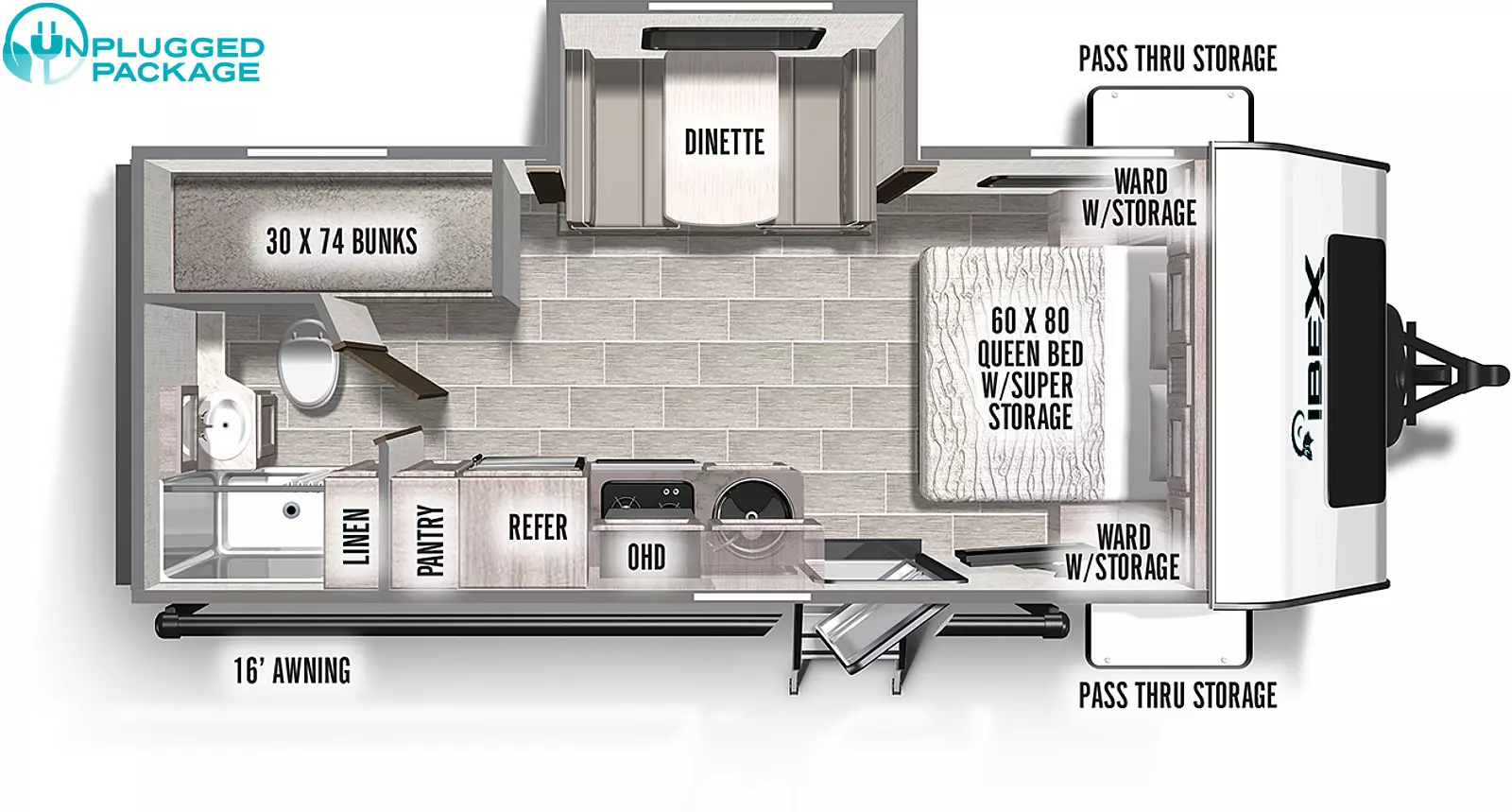 The 20BHS is a 8 foot wide 25 foot total length bunk house trailer with a single slide on the off-camp side. The exterior is highlighted by a full pass through storage that features access from both sides and room to bring all your camp essentials. The interior space is impressive with an industry best 82 inch interior height for the ceiling which makes the inside feel very spacious. The front features a full walk around queen sized bed with a front window giving plenty of natural light and views of the ourdoors. The kitchen area is found in the middle of the layout with a convection microwave, 3 burner gas stove top, larger refrigerator, and deep stainless steel sink. Conveniently located across from the kitchen area is a 4 person dinette which is in the slide, allowing for a more open floor space. The rear offers 2 oversized single bunks and a large bathroom. The outside features a 16 foot power awning that covers the optional outside bush kitchen that features a griddle top grill.