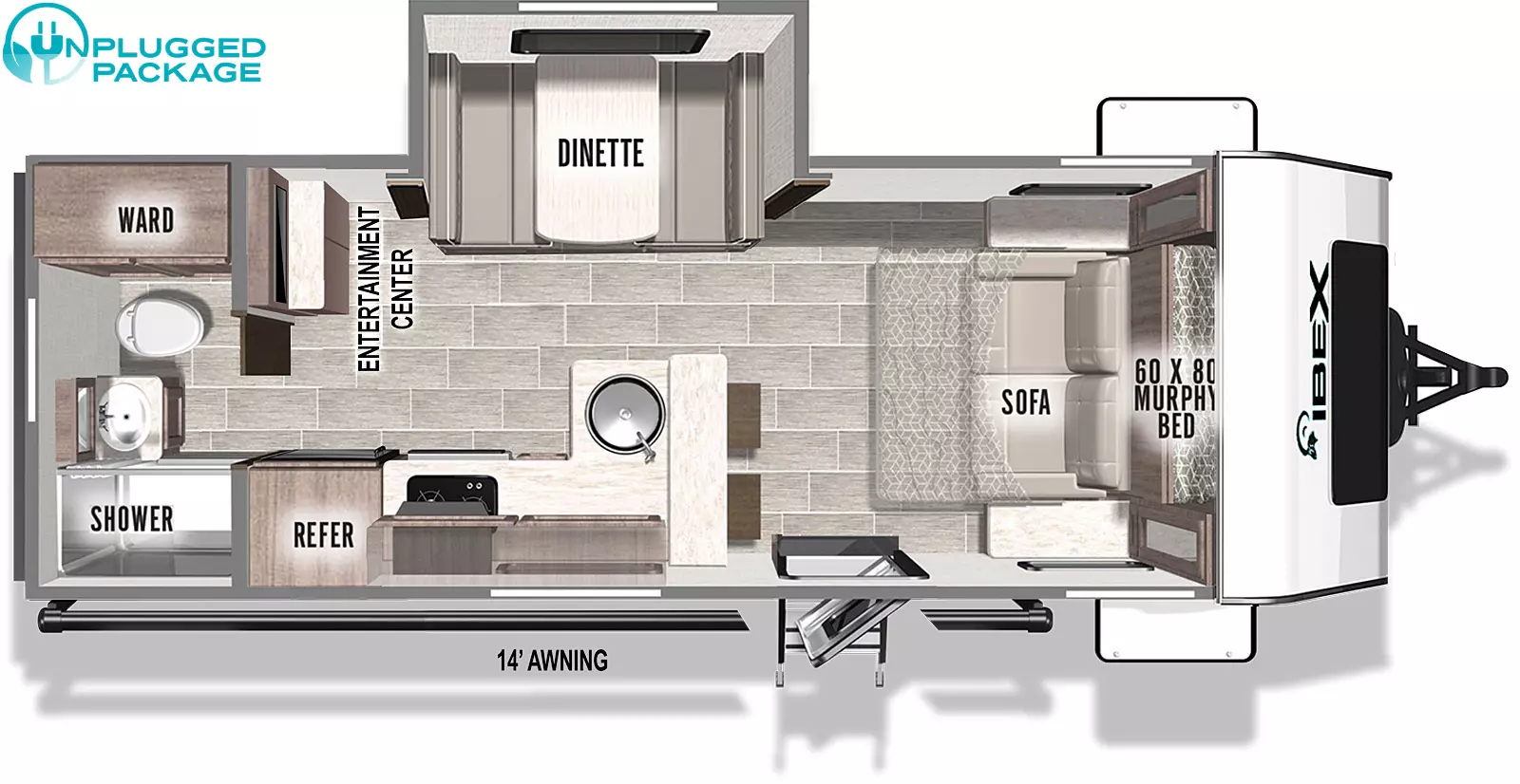 The 20MDS has one slideout and one entry. Exterior features include a 14 foot awning. Interior layout front to back: murphy bed sofa; off-door side slideout with dinette; door side entry and peninsula kitchen counter with barstools and sink that wrap to kitchen and refrigerator; off-door side entertainment center along inner wall; rear full bathroom with wardrobe.