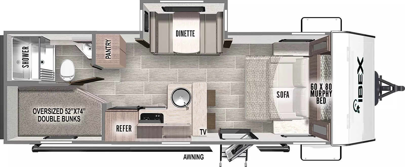 The 23BHEO has one slideout and one entry. Exterior features front storage, and awning. Interior layout front to back: murphy bed sof; off-door side dinette slideout, and pantry; door side entry, peninsula kitchen counter with stools wraps to door side with sink, TV, overhead cabinets, cooktop, and refrigerator; rear off-door side full bathroom; rear door side oversized double bunks.