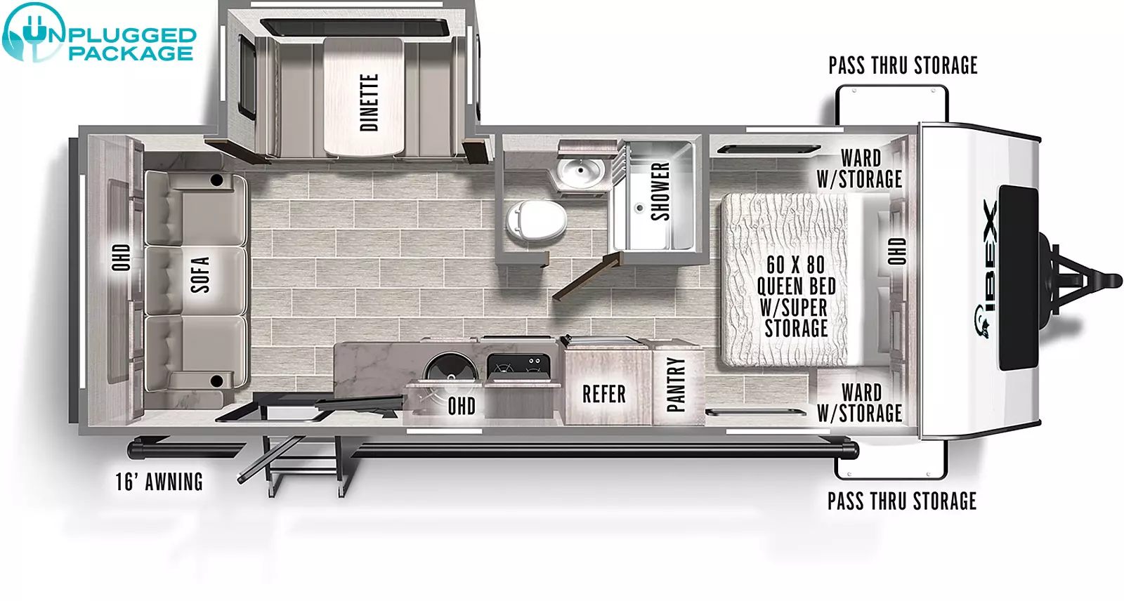 The 23RLDS floorplan is a 27 foot 6 inch total length floorplan that is highlighted by a spacious rear living area. The very rear of the floorplan has a sofa that folds down for more sleeping. On the off-camp side a 4 person dinette is in a slide out that opens up to reveal a very open and spacious floorplan. The camp-side offers a full kitchen with a convection microwave, deep stainless steel sink, and 3 burner cook top, to go along with a large refrigerator and pantry for food storage. A large side aisle bathroom if on the off camp side and offers a comfortable space for a travel trailer of its size. The front bedroom area is closed off from the rear with a convenient pocket door. The bed is a walk around residential sized queen with clothing storage on both sides. The outside is highlighted by a 16 foot power awning that covers the optional bush kitchen outside cooking package.