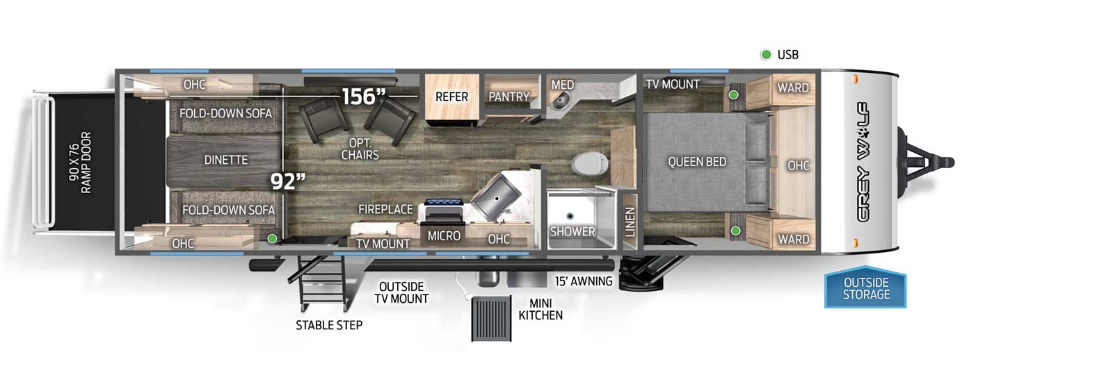 The 24RRT has no slide outs, a rear ramp door, and two entry doors. Exterior features include 15 foot awning, outside TV mount, outside storage, mini kitchen, and stable step on main entry. Interior layout front to back: queen bed with overhead cabinet, wardrobes on either side, off-door side TV mount, door side entry, and linen closet; pass through full bathroom with sink and medicine cabinet on off-door side, and shower and toilet on door side; off-door side pantry, refrigerator, and optional chairs; kitchen countertop with sink wraps from inner wall to door side with overhead cabinet, cooktop, microwave, fireplace with TV mount above, and main entry; rear opposing wall fold down sofas with overhead cabinets, and dinette table. Cargo area measurements: 156 inches from the rear of the trailer to the refrigerator; 92 inches from off-door side wall to door side wall; 90 inch by 76 inch rear ramp door.