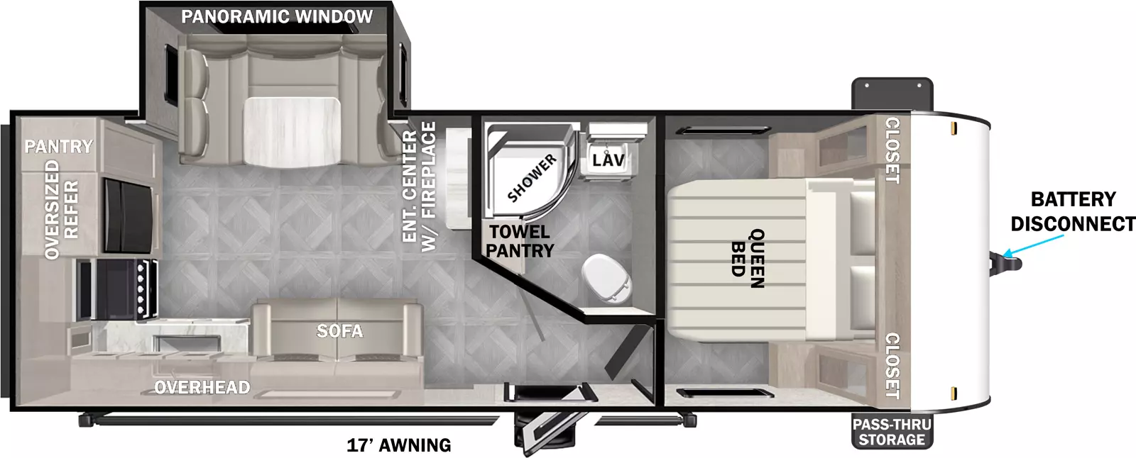The 253RKXL has one entry and one slideout. Exterior features front pass-through storage, battery disconnect, and 17 foot awning. Interior layout front to back: queen bed with closets on each side; off-door side full bathroom with linen closet; entry door; entertainment center with fireplace along inner wall; off-door side slideout with u-dinette and panoramic window; door side sofa with overhead cabinet; door side kitchen counter with sink and overhead cabinet wrap to rear with cooktop, oversized refrigerator, and pantry.