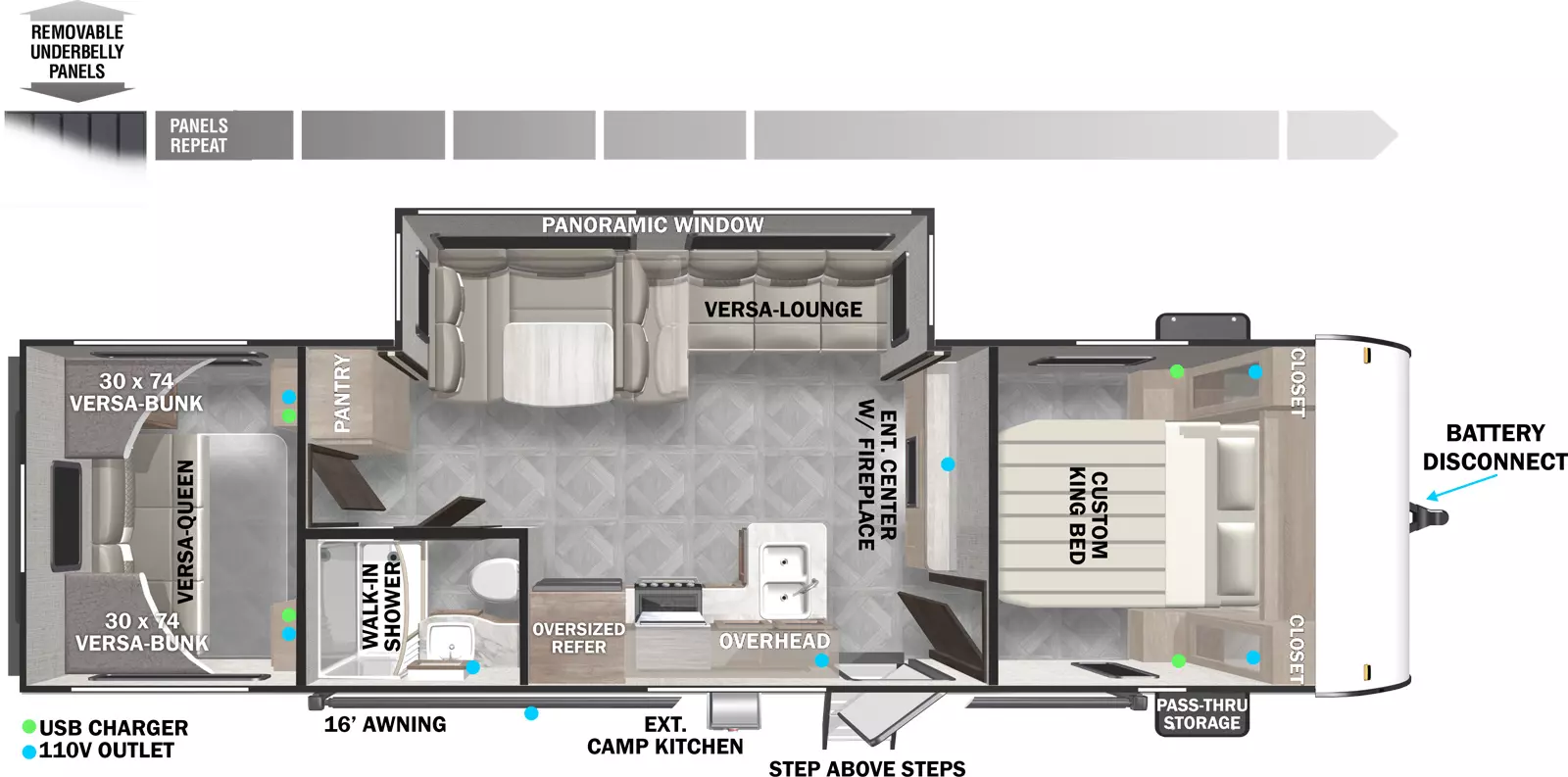 The 28VBXL has one entry and one slideout. Exterior features removeable underbelly panels, battery disconnect, StepAbove entry steps, exterior camp kitchen, front pass through storage, and 16 foot awning. Interior layout front to back: custom king bed with closets on each side; entertainment center with fireplace along inner wall; off-door side slideout with versa-lounge dinette, and panoramic window; entry door, peninsula kitchen counter with sink wraps to door side with overhead cabinet, cooktop, and oversized refrigerator; off-door side pantry; door side side-aisle full bathroom with walk-in shower; rear bunk house with versa queen below and opposing versa bunk beds above. USB chargers and 110V outlets throughout.