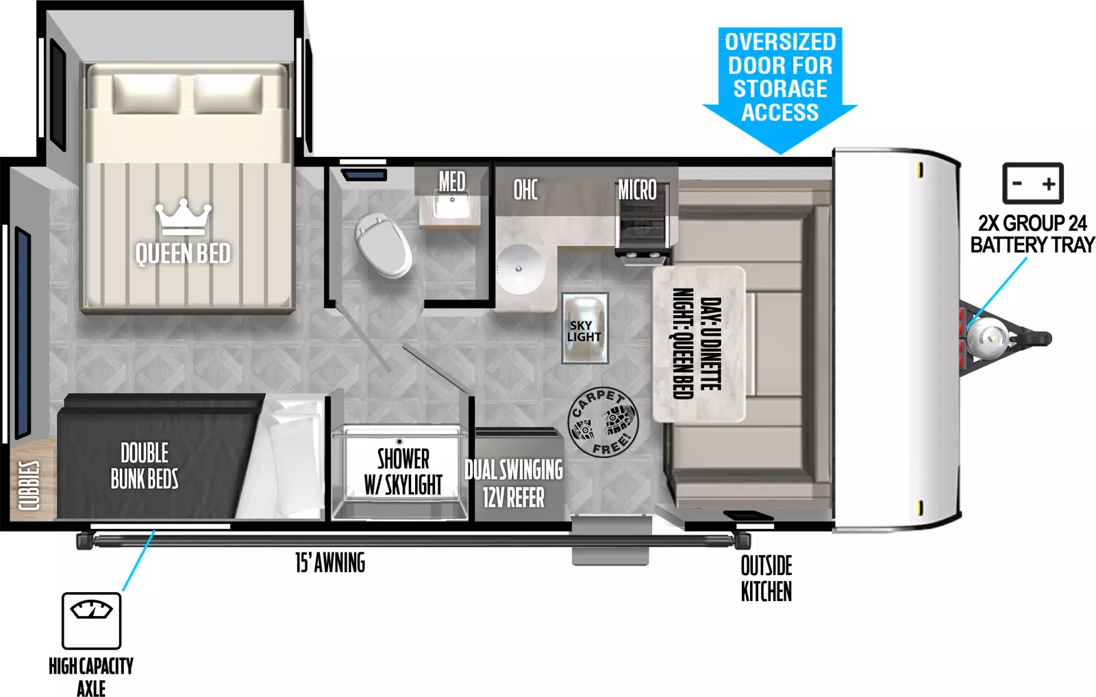 The 176QBHK has one slideout and one entry. Exterior features storage, 2x group 24 battery tray, outside kitchen, high capacity axle, and 15 foot awning. Interior layout front to back: carpet-free RV; u-dinette converts to queen bed; off-door side cooktop, microwave, and overhead cabinet with kitchen counter that wraps to inner wall with sink; door side entry, dual swinging 12V refrigerator, and skylight; pass through full bathroom with toilet, sink and medicine cabinet on off-door side, and shower with skylight on door side; rear bedroom with off-door side queen bed slideout, and door side double bunk beds with cubbies.